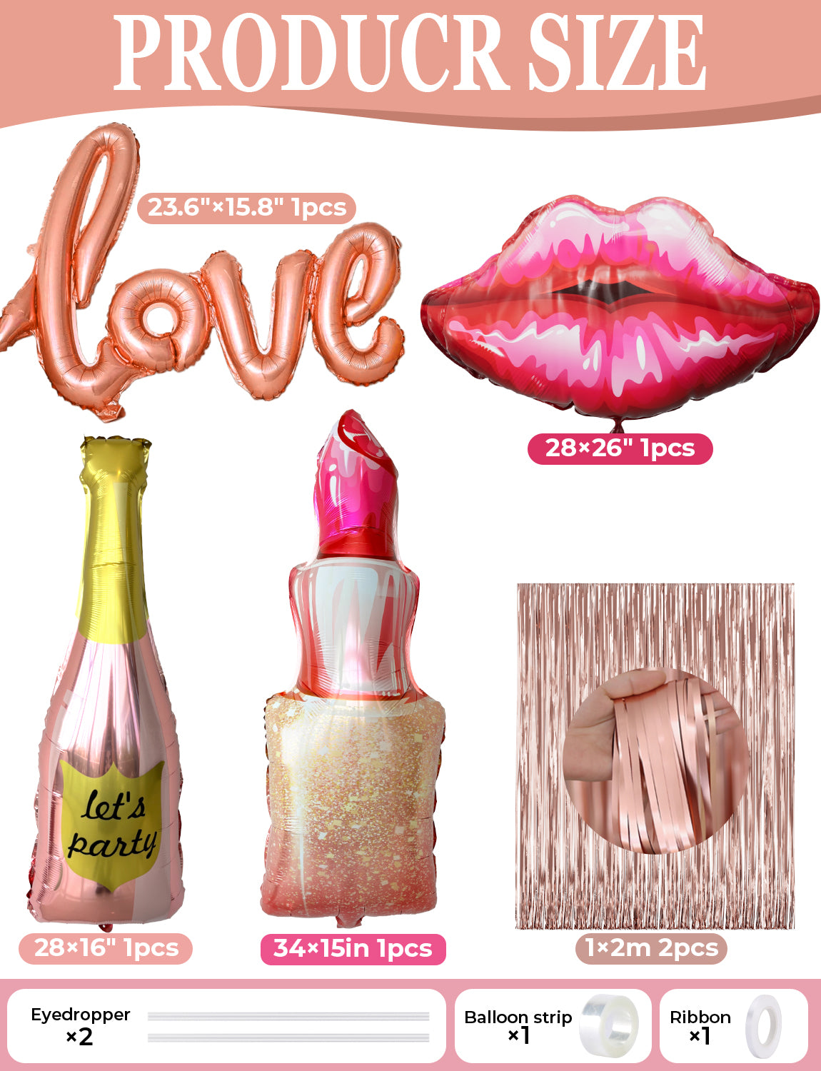 Adeyoo Rose Gold Birthday Decoration for Women Girls - Rose Gold Party Decorations with Happy Birthday Balloons, Foil Curtain, lips Champagne Lipstick Love Foil Balloons for Women Girls Party Supplies