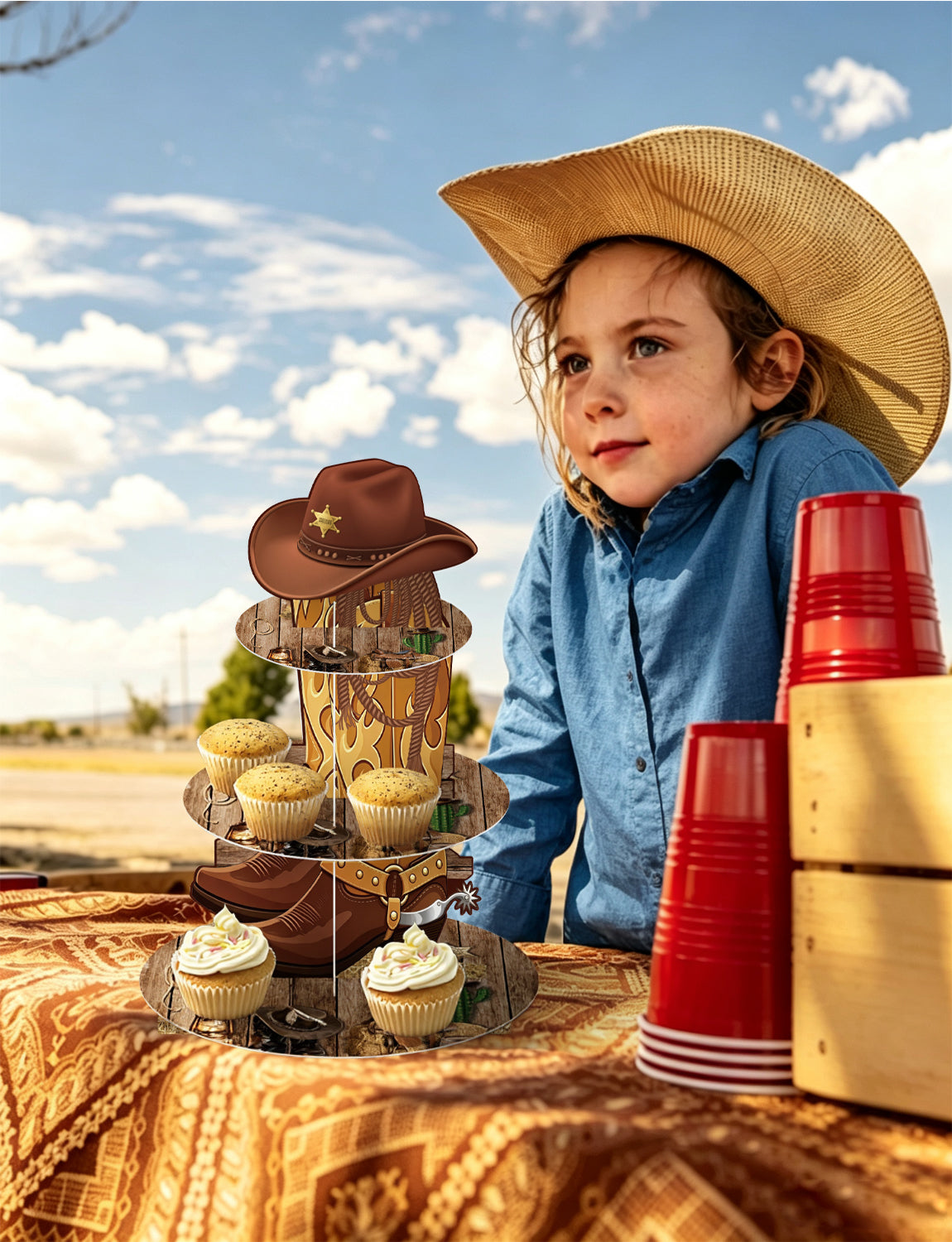 3 Tier Western Cowboy Cupcake Stand for Wild West Party Decorations Western Cupcake Holder, Cardboard Cupcake Stand for Dessert Table Display, Cowboy Birthday Baby Shower Party Decorations