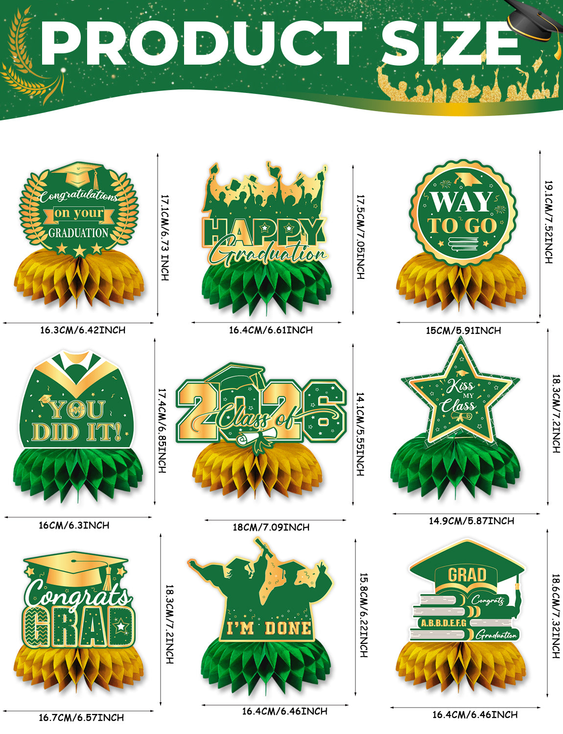 Graduation Table Decorations Class of 2026, 9Pcs Graduation Centerpieces for Tables Green Gold Honeycomb Centerpiece Congrats Grad Table Toppers Congratulate Decorations for Grad Party Supplies