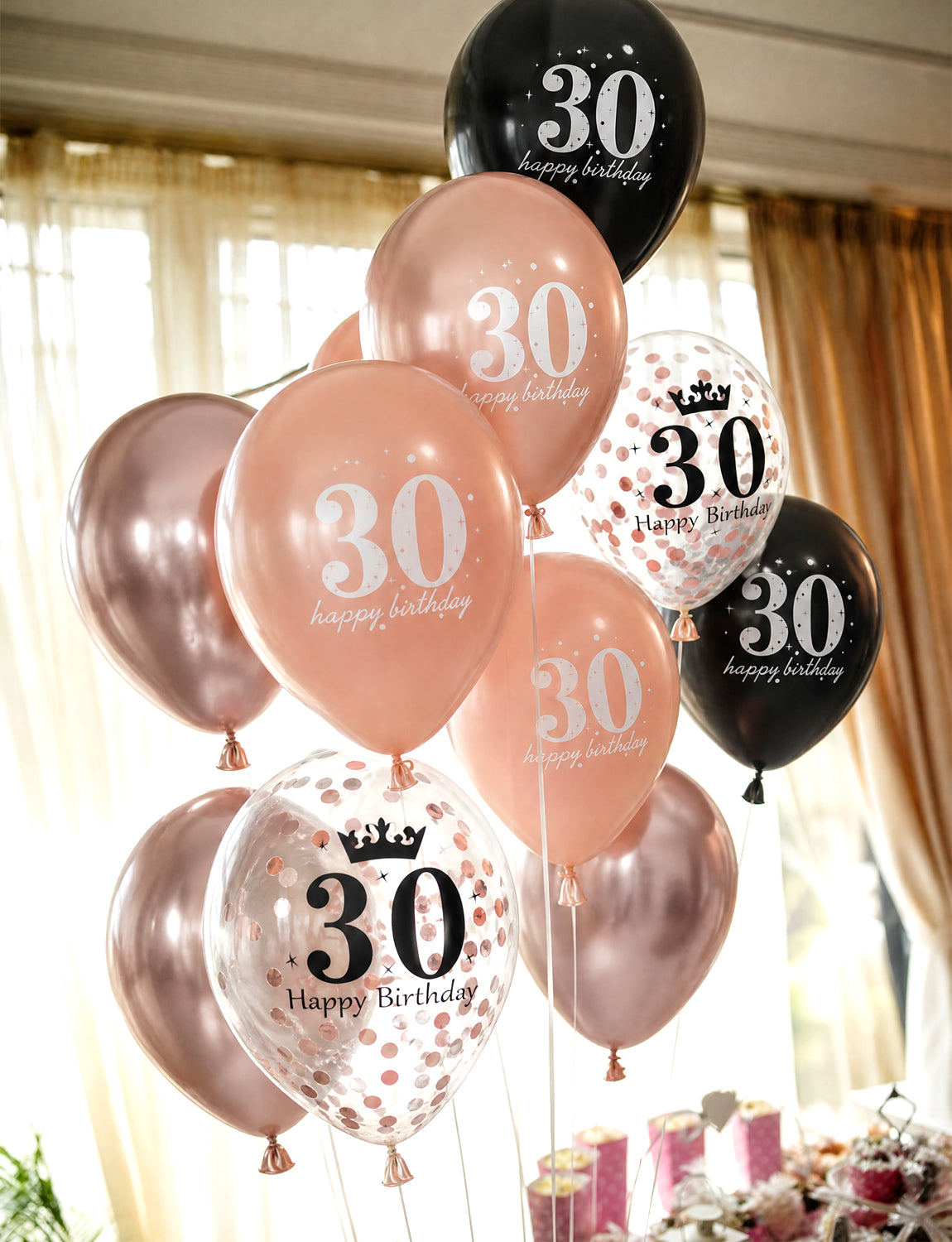 30th Birthday Balloons, Rose Gold and Black Balloons for Party Decor 24 Pcs 12 Inch Happy Birthday Balloons, Metallic and Pearl Rose Gold Balloons with Confetti, 30th Birthday Party Decorations