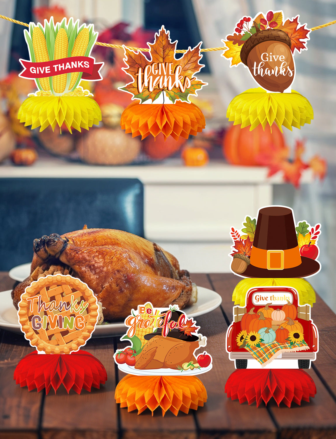 Thanksgiving Table Decorations, Fall Harvest Honeycomb Centerpieces | 9 Pcs Fall Table Decorations with Turkey and Pumpkin, Thanksgiving Centerpieces for Dinner Table, Home & Office Decorations