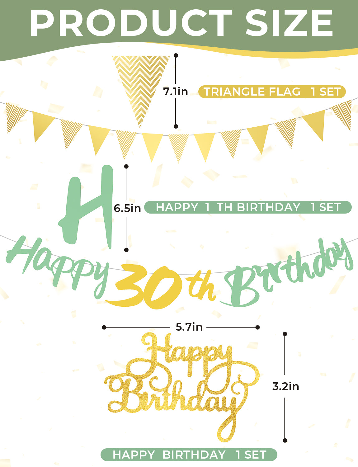 30th Birthday Decorations with 30th Birthday Banner for Women Men Sage Green Gold White Balloons, Number 30 Foil Balloon, Gold Bunting, Cake Topper for 30th Anniversary Birthday Party Decor