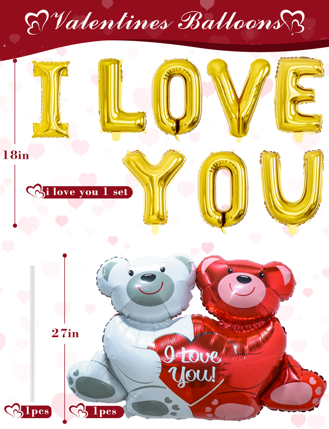 Adeyoo Valentines Day Balloons Decorations - I Love You and Heart Balloons with Love Bear Foil Balloon, Romantic 1000PCS Rose Petals for Valentines Anniversary Romantic Proposal Wedding Party Supplies