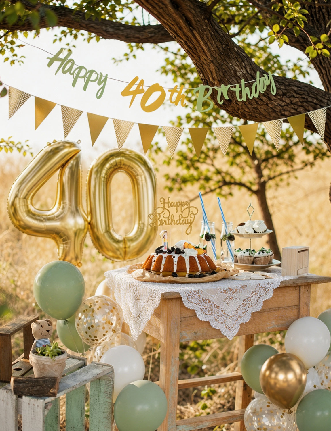 40th Birthday Decoration with Happy 40th Birthday Banner for Women Sage Green Gold White Balloons, Number 40 Foil Balloon, Gold Bunting, Cake Topper for 40th Anniversary Birthday Party Decor