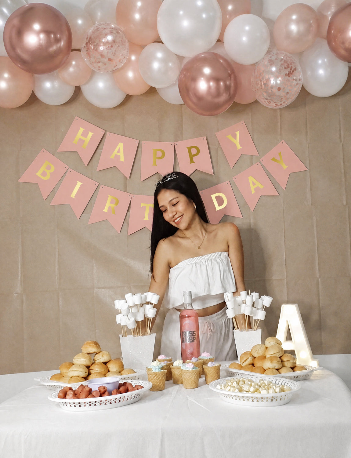 Rose Gold Birthday Decorations - Happy Birthday Banners with 12 Inch Rose Gold Latex Confetti Balloons Reusable Bunting Banner for Girls Women Pet Happy Birth Party Decorations