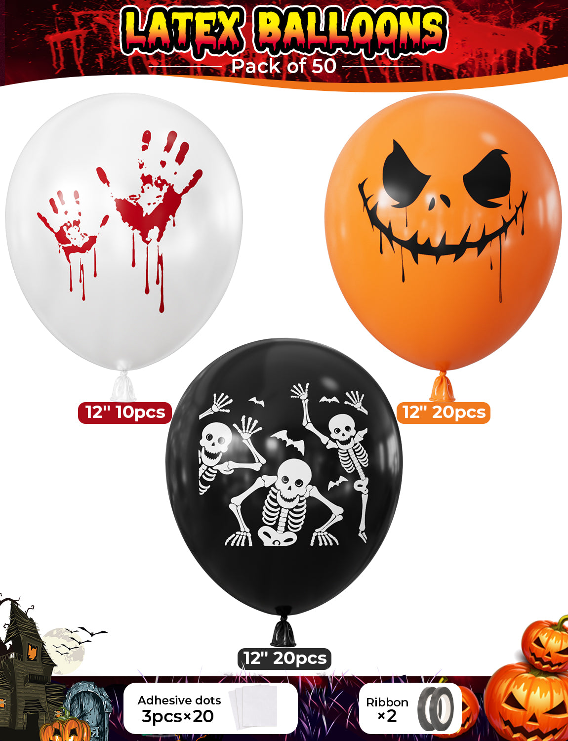 Halloween Balloons, Orange Black White Balloons, Spooky Party Decor 50 Pcs 12 Inch Halloween Latex Balloons, Scary Skeleton and Pumpkin Balloons, Horror Balloons for Halloween Party Decorations