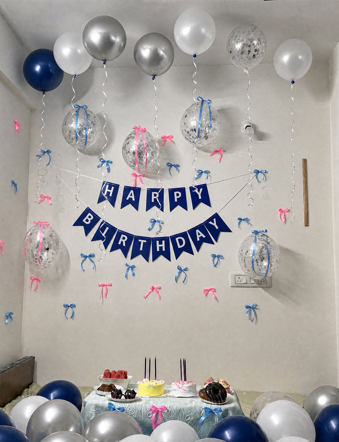 Navy Blue Birthday Banner - Blue Happy Birthday Banner with 12 Inch Navy White Silver Latex Confetti Balloons Reusable Bunting Banners for Girls Women Pet Happy Birth Party Decorations