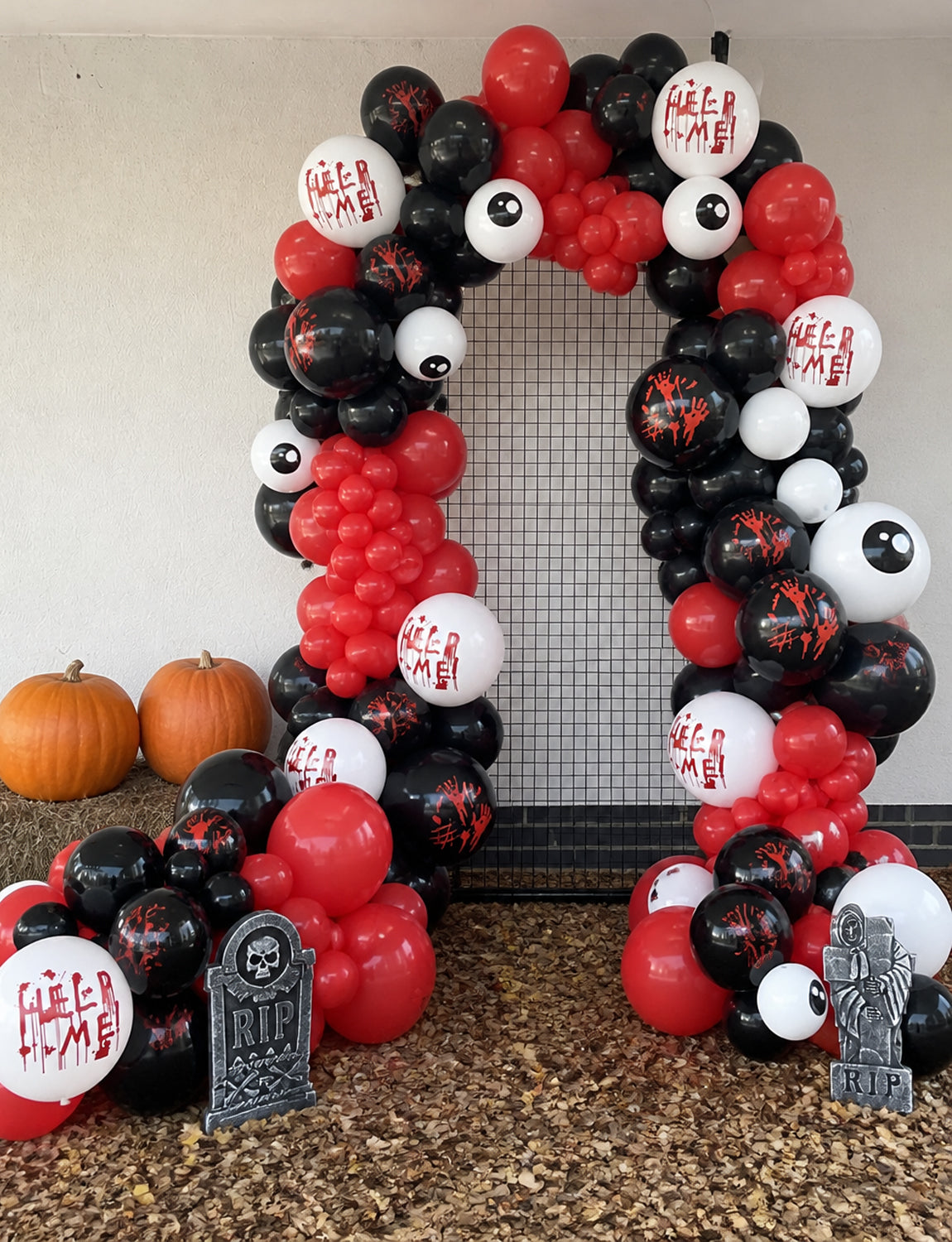 Halloween Balloon Garland Arch Kit, Bloody Black Red White Balloons 130 Pcs Halloween Balloon with Spider Web and 3D Bat Stickers for Horror Party, Haunted House, Birthday and Photo Booth Decor