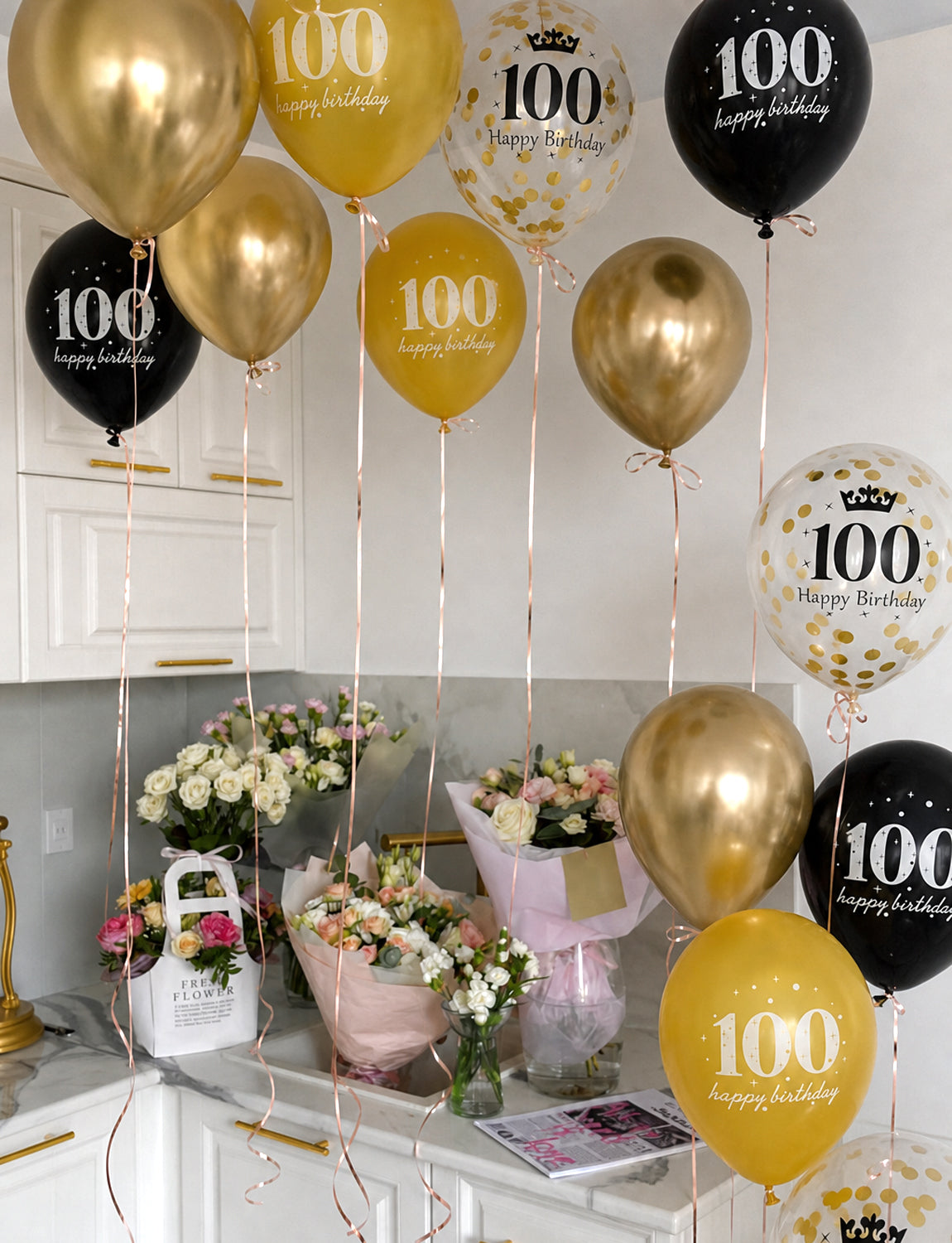 100th Birthday Balloons, 24 Pcs Black Gold Balloons for Men & Women 12 Inch Black and Gold Birthday Balloons, Gold Confetti Latex Balloons, 100th Birthday Decorations for Him & Her