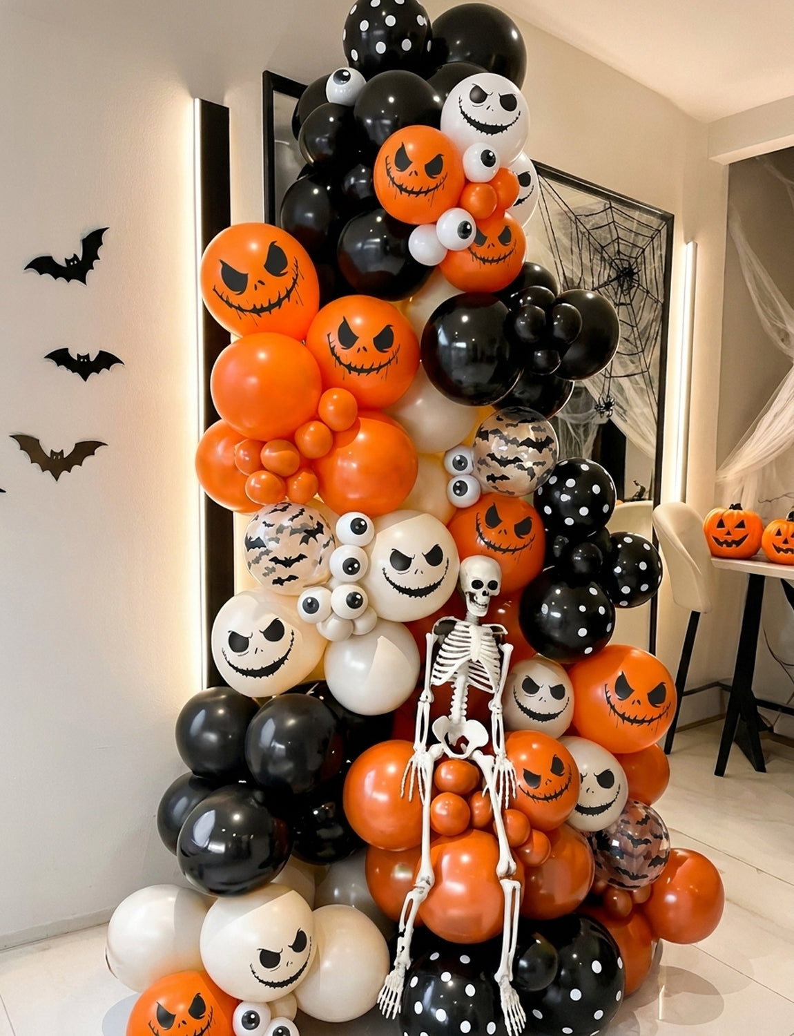 Halloween Balloon Garland Arch Kit, Black Orange White Balloons 134 Pcs Halloween Balloons with Eyeball, Bats and Ghost Face Print, 3D Bat Stickers for Birthday and Spooky Party Decorations