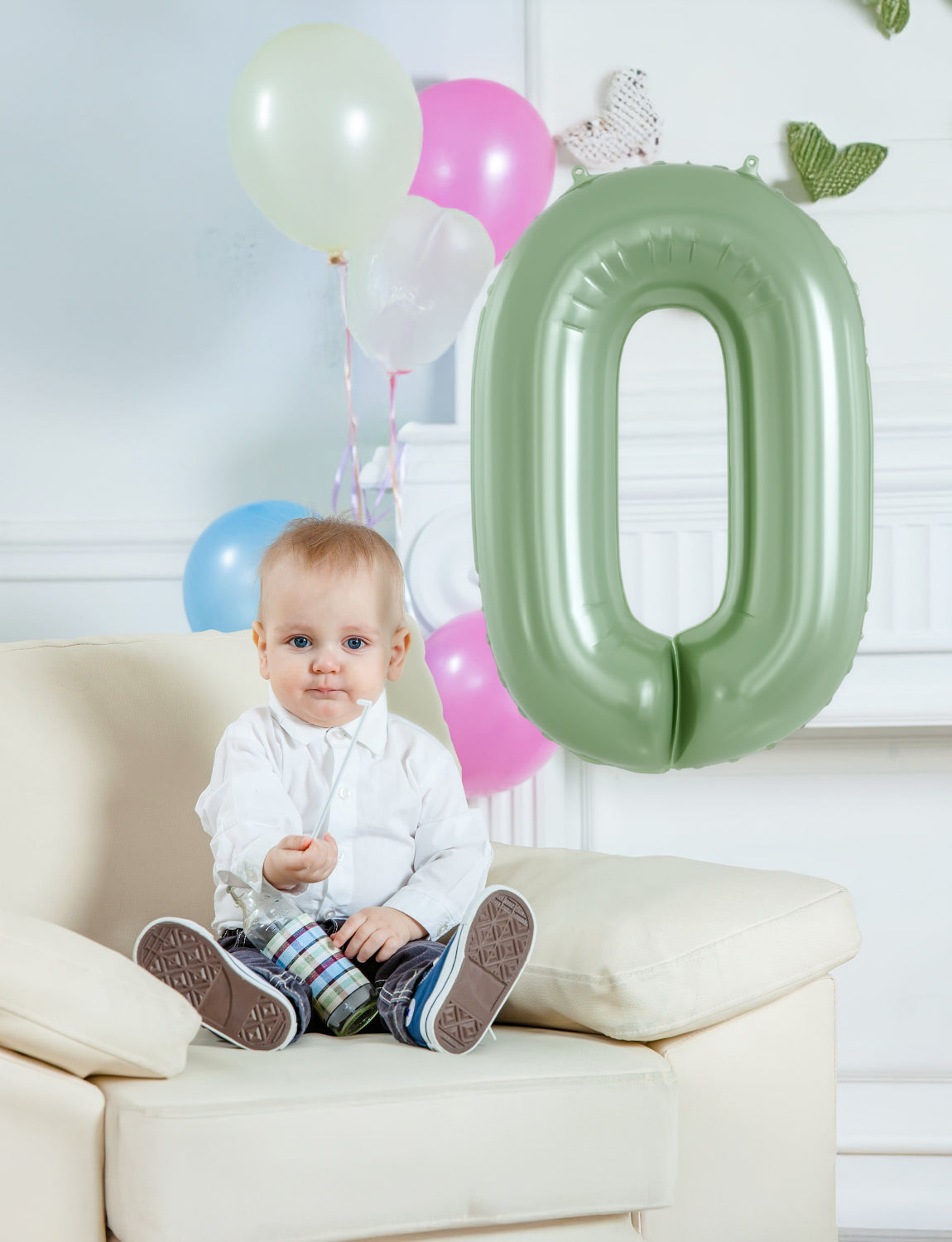 Adeyoo Sage Green Number 0 Balloon - 40 Inch Large Self Inflating Foil Digital 0 Balloon, Green Number Balloons 0-9 for Boys Girls Women Men Birthday Anniversary Jungle Safari Party Decorations