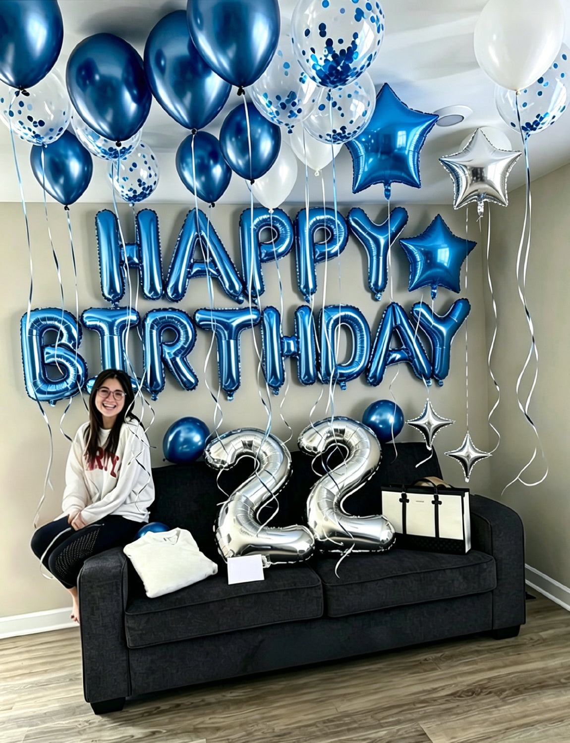 Happy Birthday Decorations - Blue Happy Birthday Balloons with Metallic Blue and White Latex Confetti Balloons, Silver Foil Star Balloons for Men Boys Pet Birthdays Party Decorations