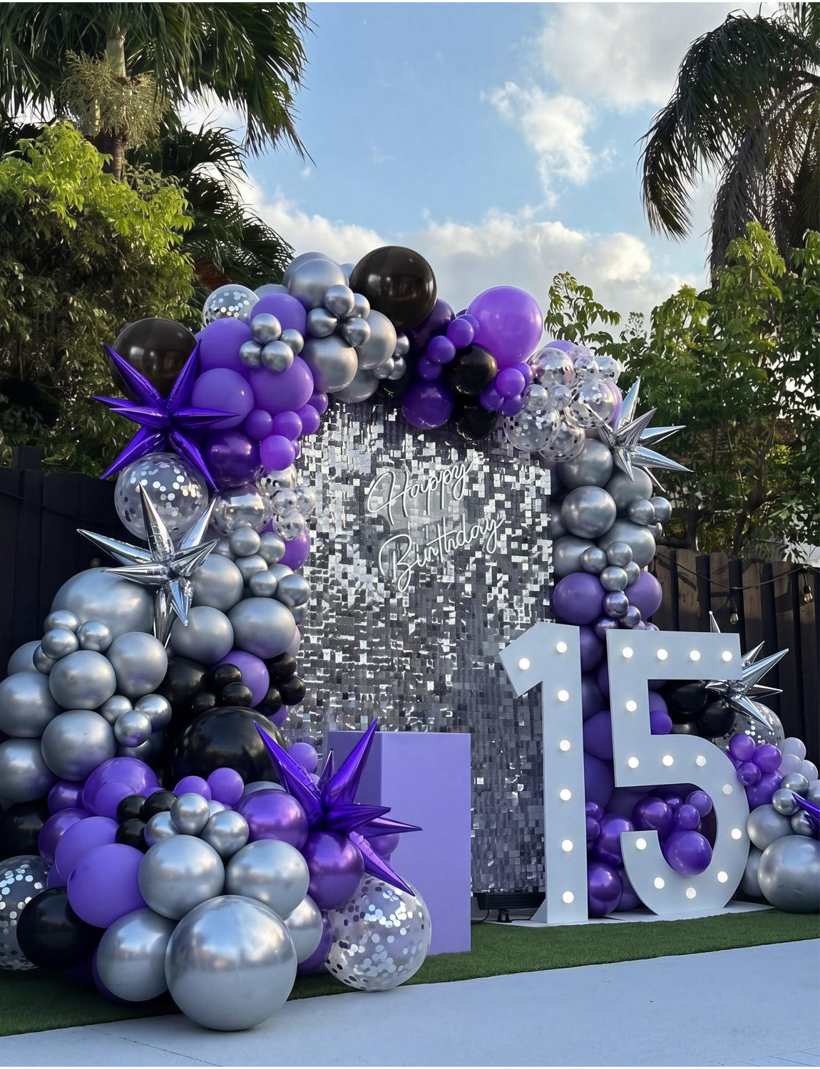 Purple and Black Balloon Garland Arch Kit with Star Foil Balloon 116Pcs Different Size Metallic Silver Balloon, Confetti Balloons for Halloween Graduation Birthday Party Decorations