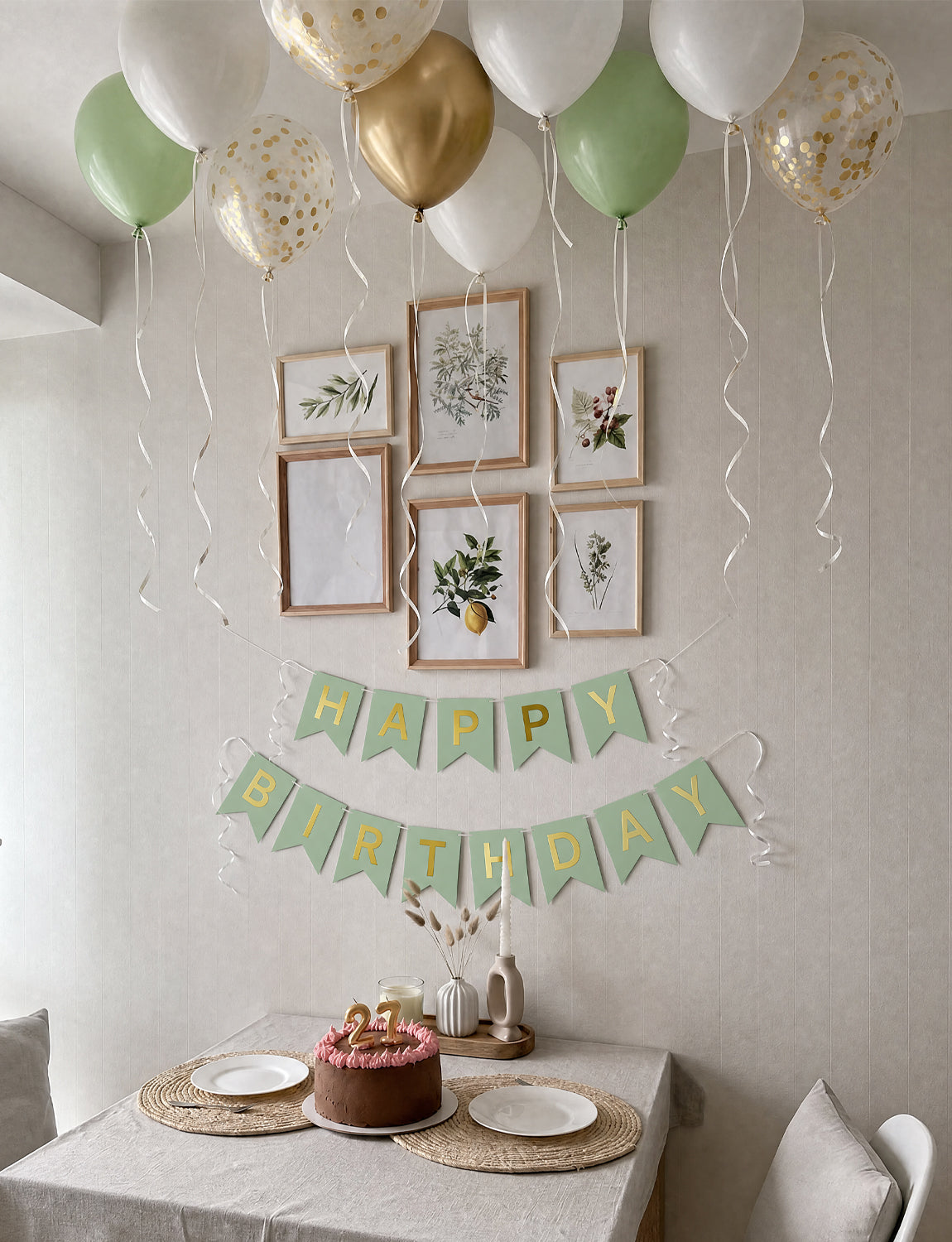 Green and Gold Happy Birthday Banner - Green Party Decorations with 12 Inch White and Gold Happy Birthday balloons Reusable Bunting Banner for Men Women Pet Happy Birth Party Decorations