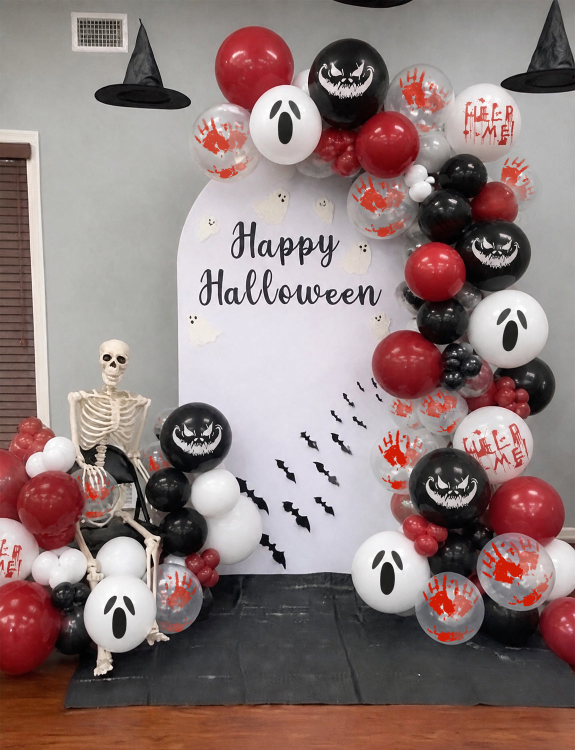 Halloween Balloons, Black Red Bloody Balloon for Halloween Decor 50 Pcs 12 Inch Halloween Latex Balloon, Bloody Handprint Ghost Print Balloon for Spooky Horror Haunted House Creepy Parties