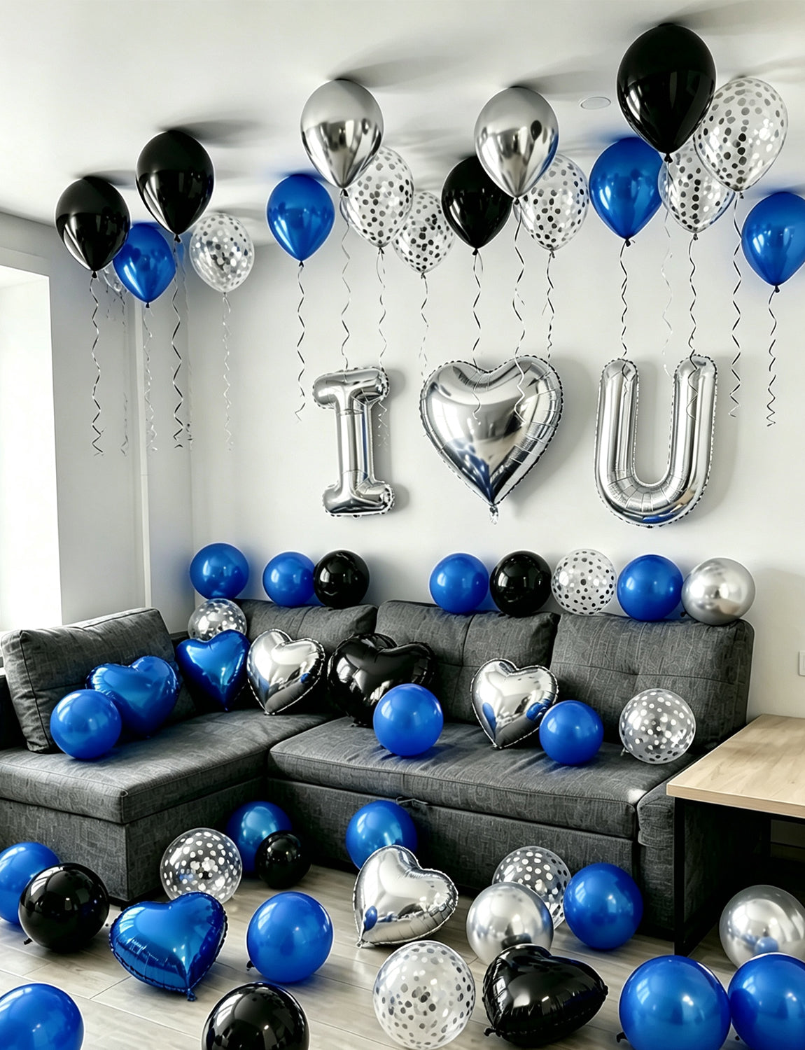 Blue and Black Proposal Decorations Kit - I Love You Balloons with Blue Black Silver Latex Confetti Balloons Heart Foil Balloons, 600Pcs Rose Petals Romantic Decoration Kit for Him/Her