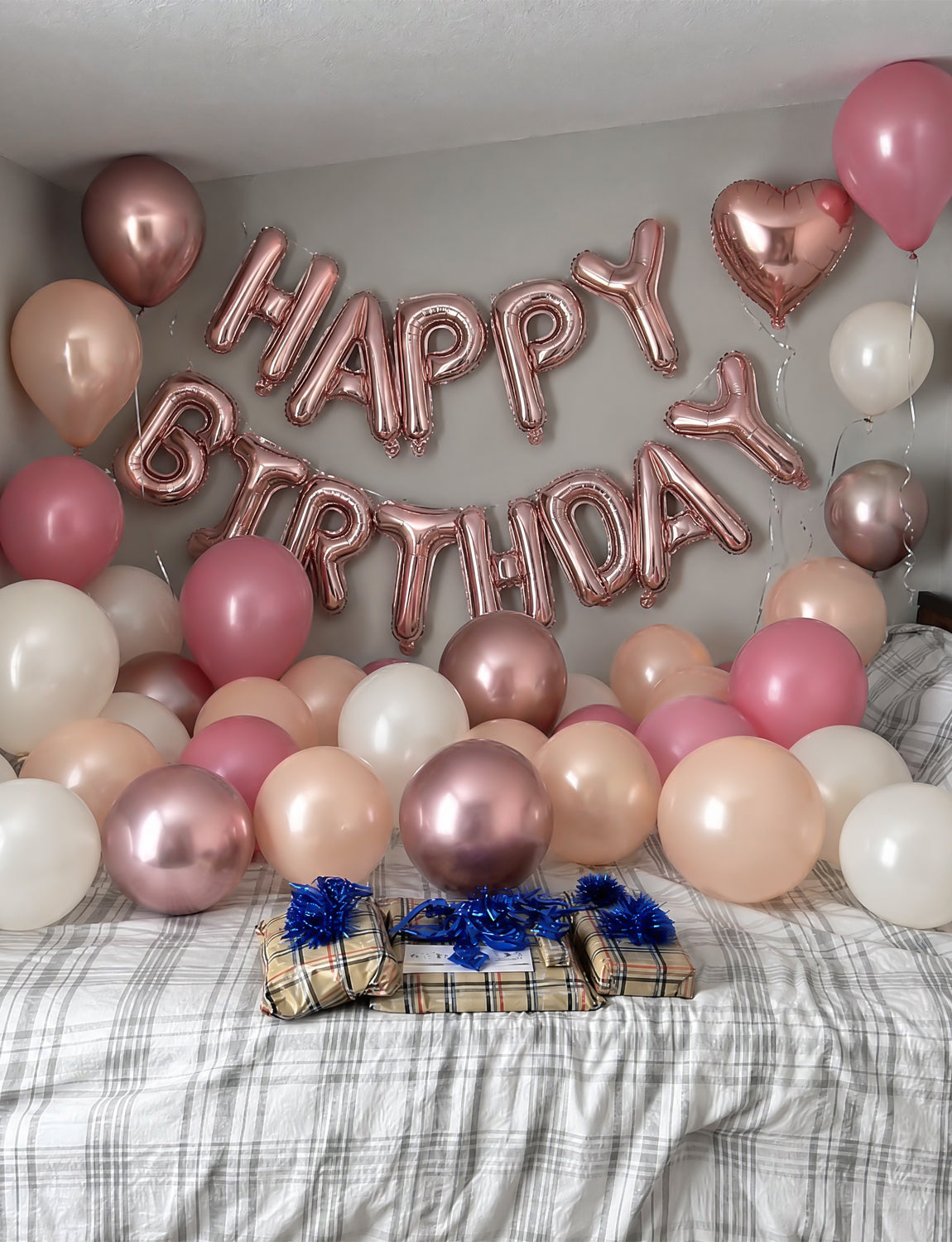 Rose Gold Happy Birthday Balloon Banner - Rose Gold Birthday Decorations with Dusty Pink Nude Sand White Latex Balloons, Heart Foil Balloons for Women Girls Birthdays Party Decorations