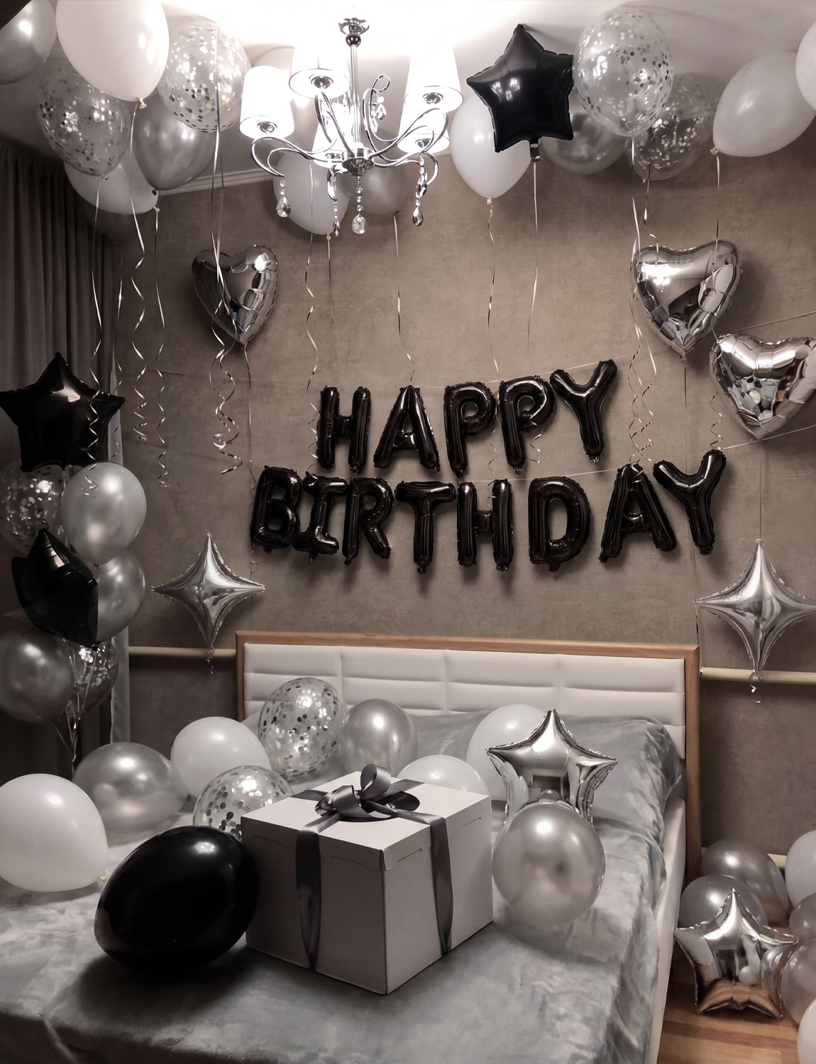 Black Happy Birthday Balloons - Happy Birthday Banner Balloons with Black White Silver Latex Confetti Balloon, Star Foil Balloon for Men Boys Birthdays Party Decorations, Photo Shoot Supplies