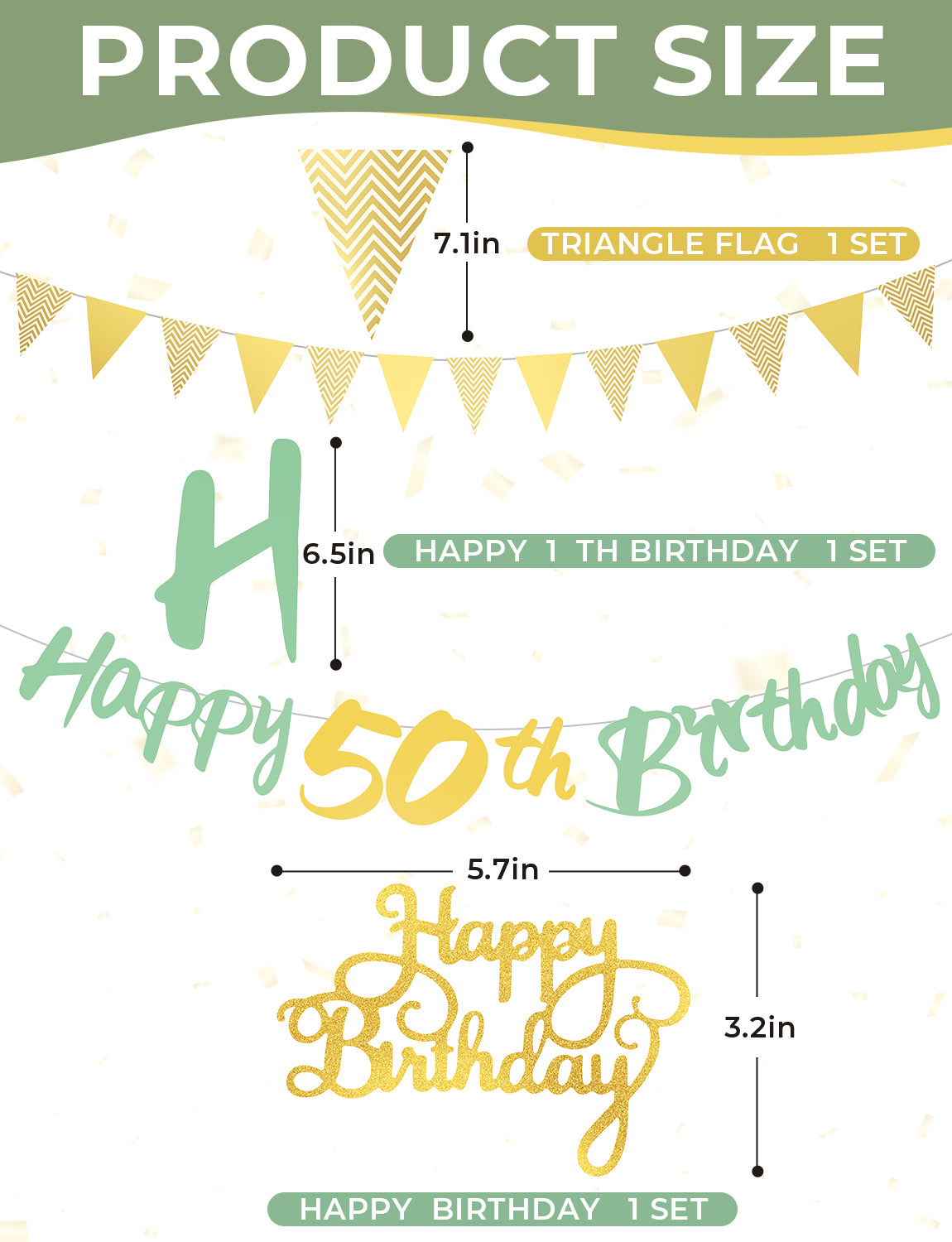 50th Birthday Decorations with 50th Birthday Banner for Women Men Sage Green Gold White Balloons, Number 50 Foil Balloon, Gold Bunting, Cake Topper for 50th Anniversary Birthday Party Decor