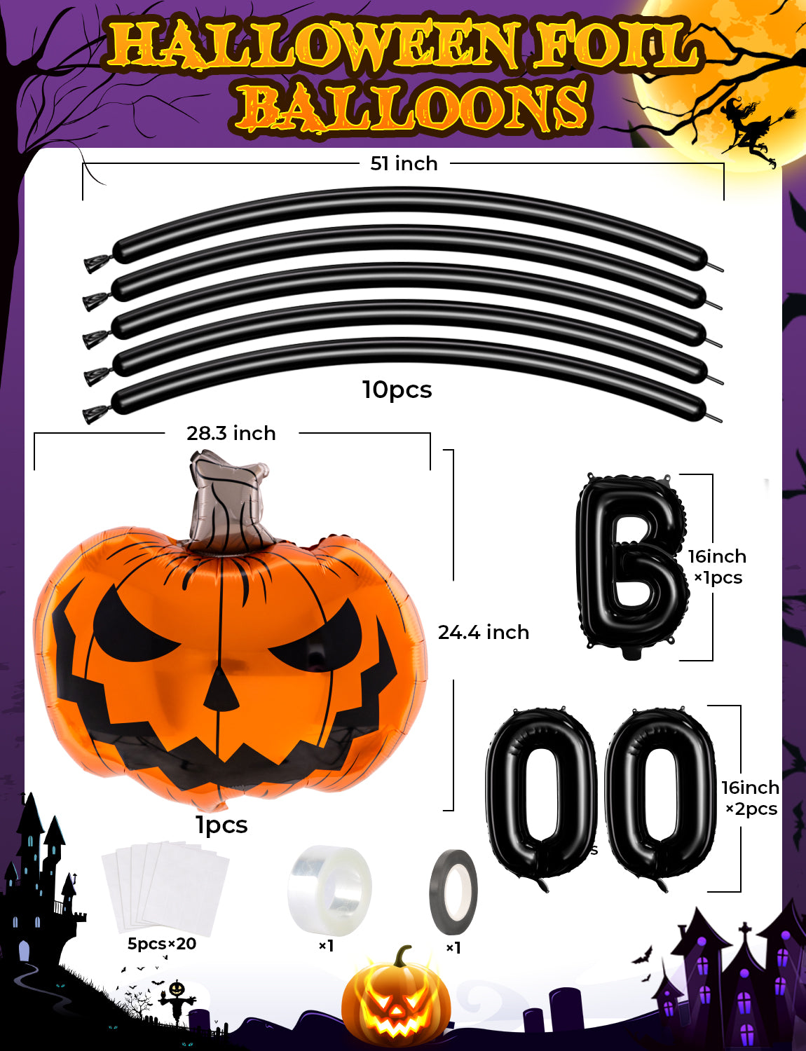 Halloween Balloons Arch Kit Garland with BOO Pumpkin Foil Balloon 126Pcs Black Orange Purple Green Halloween Balloons with Boo, Pumpkin, Eyeball Balloons for Halloween Party Decorations