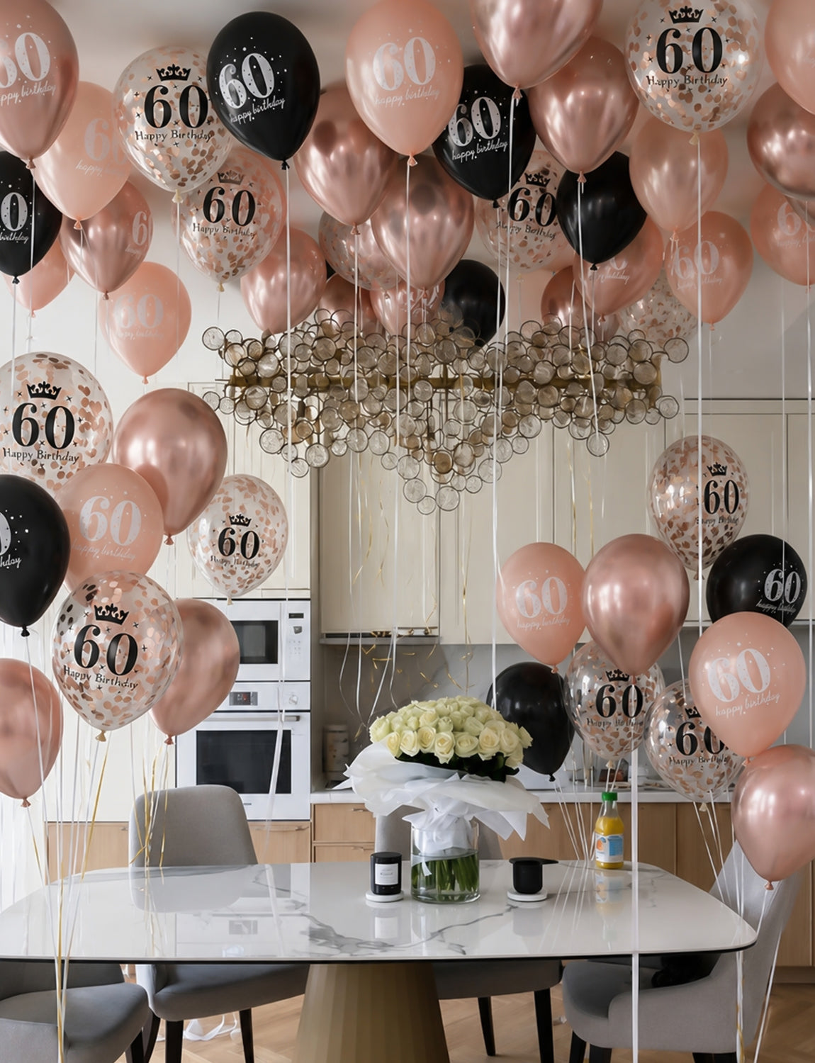 60th Birthday Balloons, Rose Gold and Black Balloons for Party Decor 24 Pcs 12 Inch Happy Birthday Balloons, Metallic and Pearl Rose Gold Balloons with Confetti, 60th Birthday Party Decorations