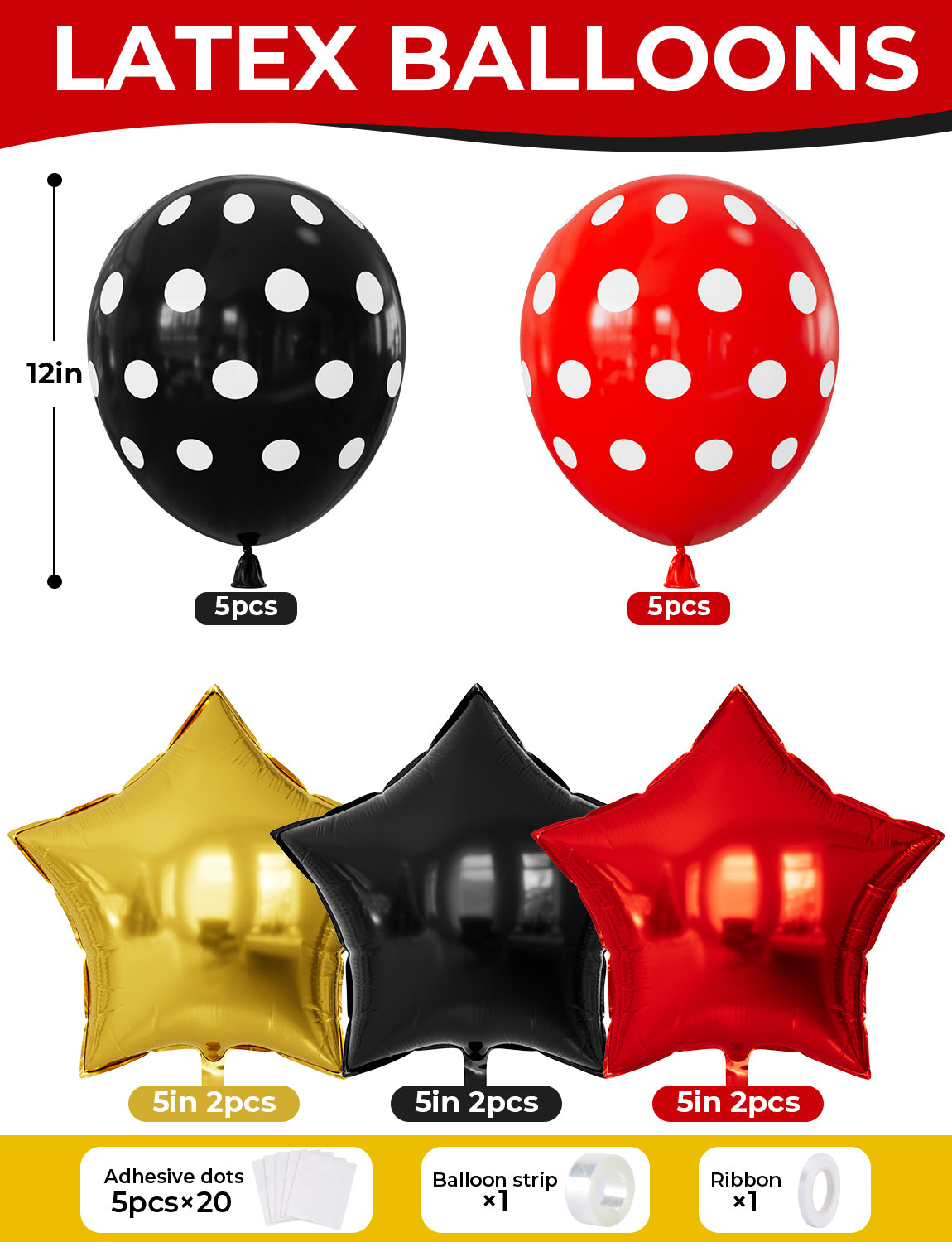 Red Black Yellow Balloon Garland Arch Kit for Birthday Party Decor 144 Pcs Different Size Latex Balloons, Polka Dots and star foil Balloon for Cartoon Mouse Theme Baby Shower Anniversary Party