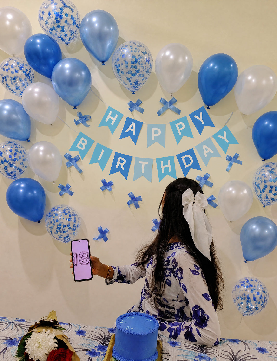 Blue Happy Birthday Banner - Pearl Blue and White Balloons with Reusable Happy Birthday Banner Glitter Party Decorations for Men Boys Pet Birth Party, Photo Shoot Supplies