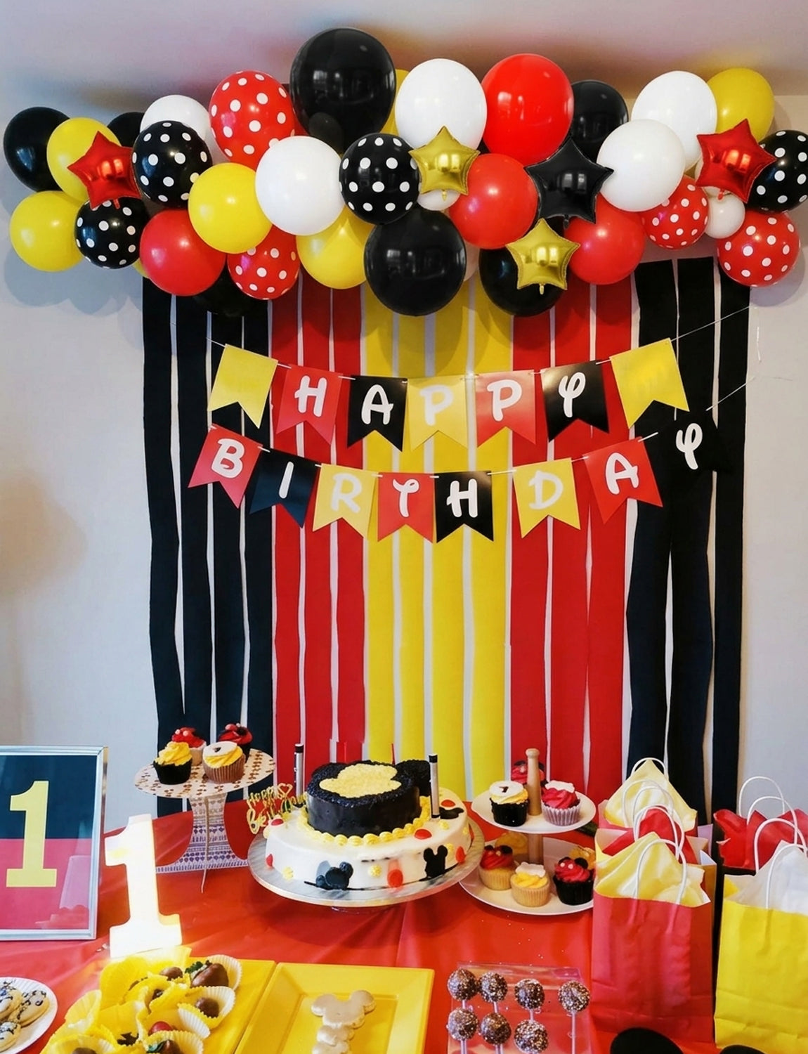Red Black Yellow Balloon Garland Arch Kit for Birthday Party Decor 144 Pcs Different Size Latex Balloons, Polka Dots and star foil Balloon for Cartoon Mouse Theme Baby Shower Anniversary Party