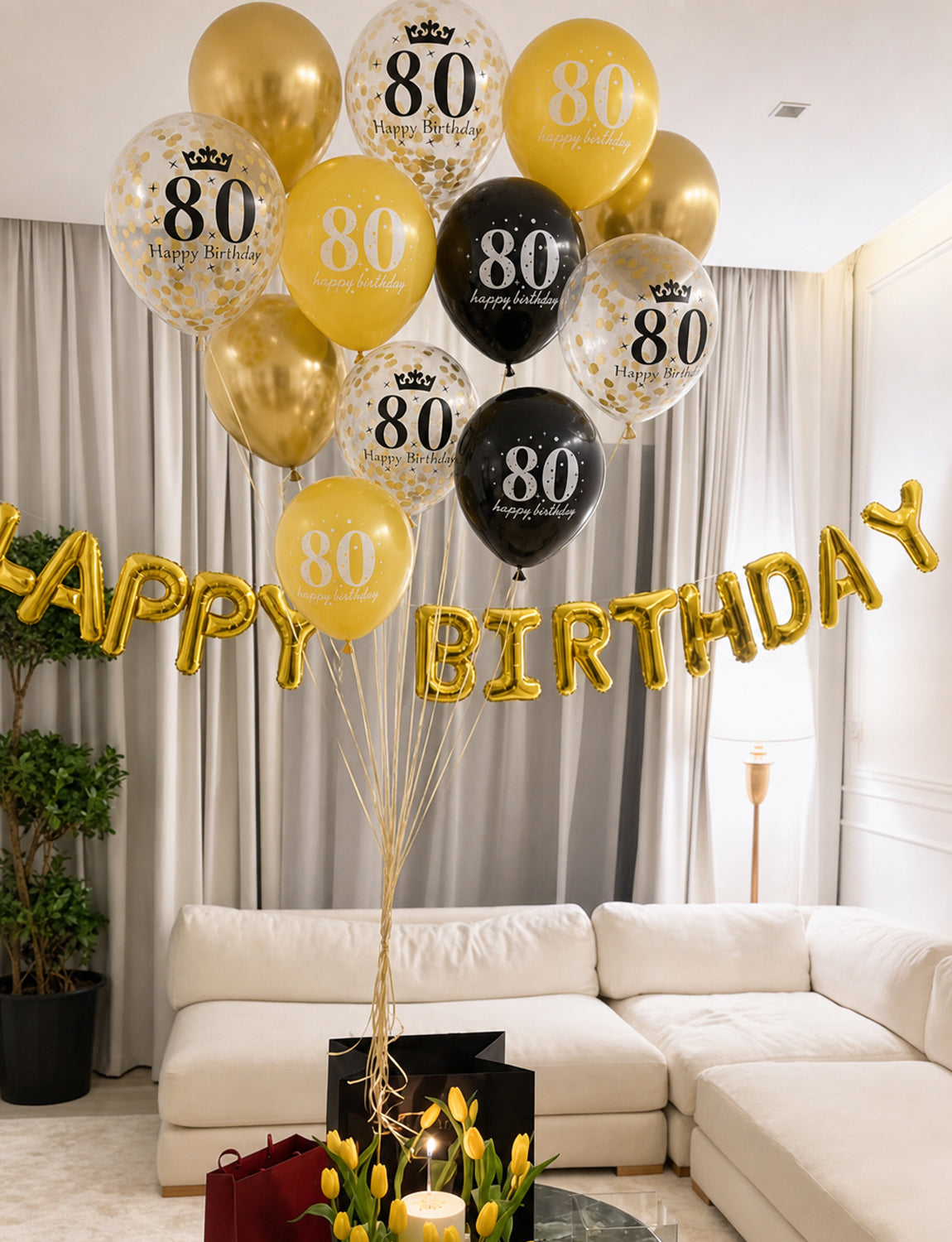 80th Birthday Balloons, 24 Pcs Black Gold Balloons for Men & Women 12 Inch Black and Gold Birthday Balloons, Gold Confetti Latex Balloons, 80th Birthday Decorations for Him & Her