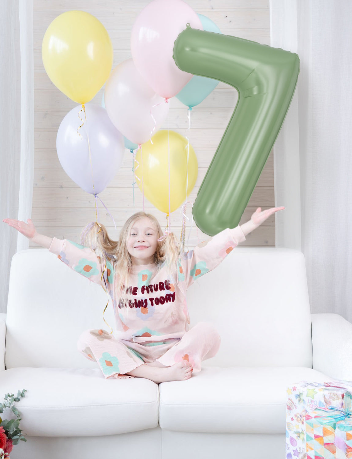 Adeyoo Sage Green Number 7 Balloon - 40" Giant Olive Green Number Balloons 0-9 Set, Self Inflating Digital 7 Balloon for Girls Boys Women Men Birthday Jungle Safari Anniversary Party Decorations