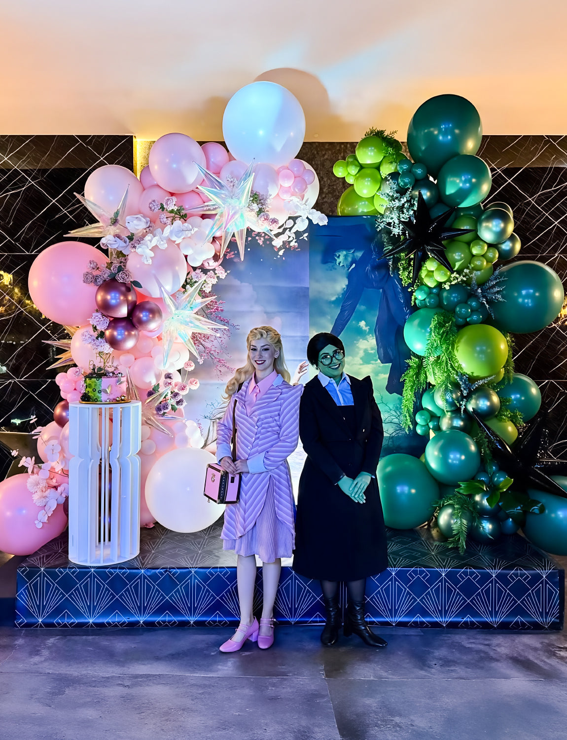 Pink and Green Balloons Arch Kit - Witch Balloon Arch Kit, Multi-Size Pink and Green Balloons with Foil Fringe Curtains Witch Hat Crown Explosion Star Broom Balloon for Birthday Party Decor