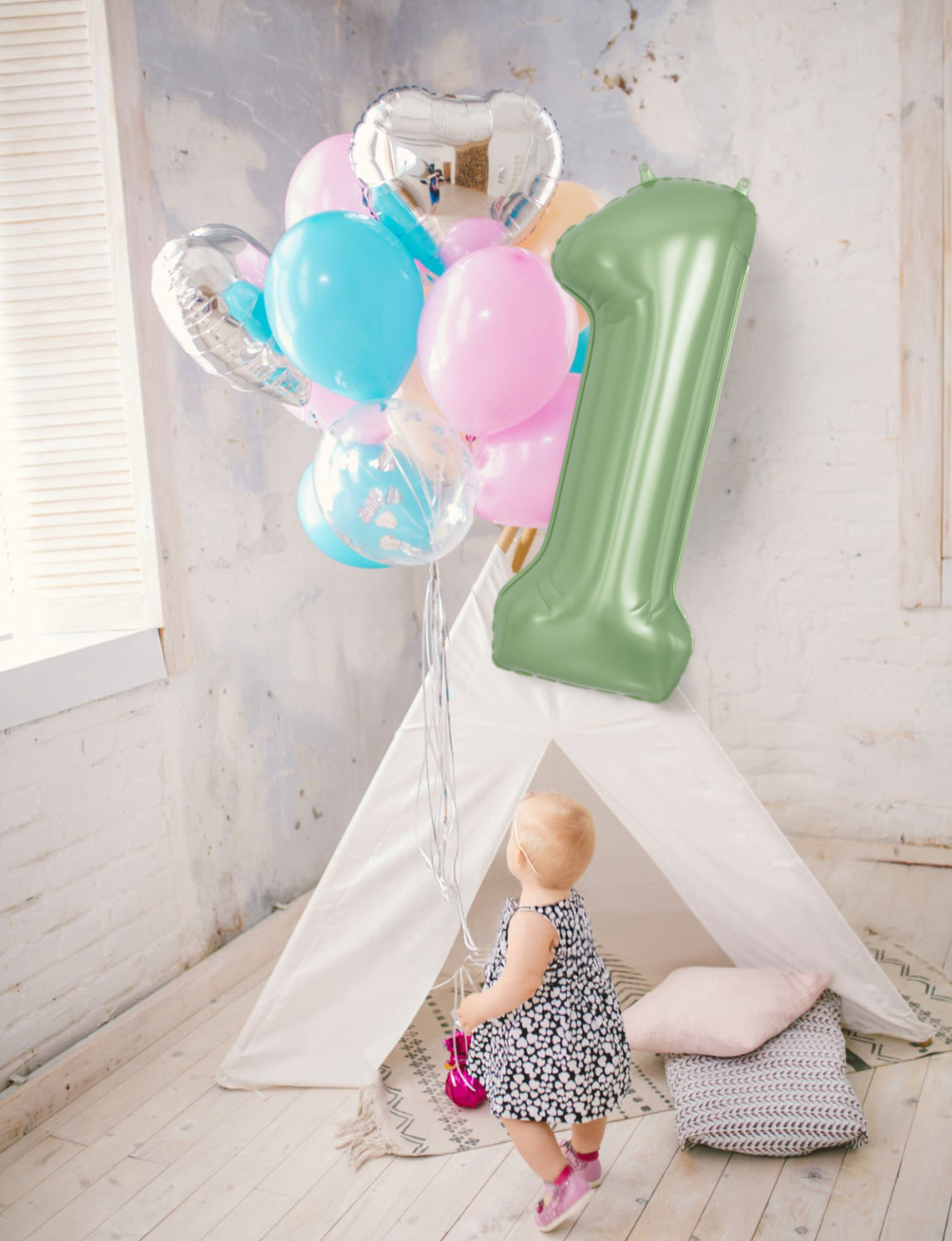 Adeyoo Sage Green Number 1 Balloon - 40 Inch Large Green Number Balloons, Self Inflating Foil Birthday Balloons Digital 0-9 for Birthday Baby Shower Jungle Safari Anniversary Party Decorations