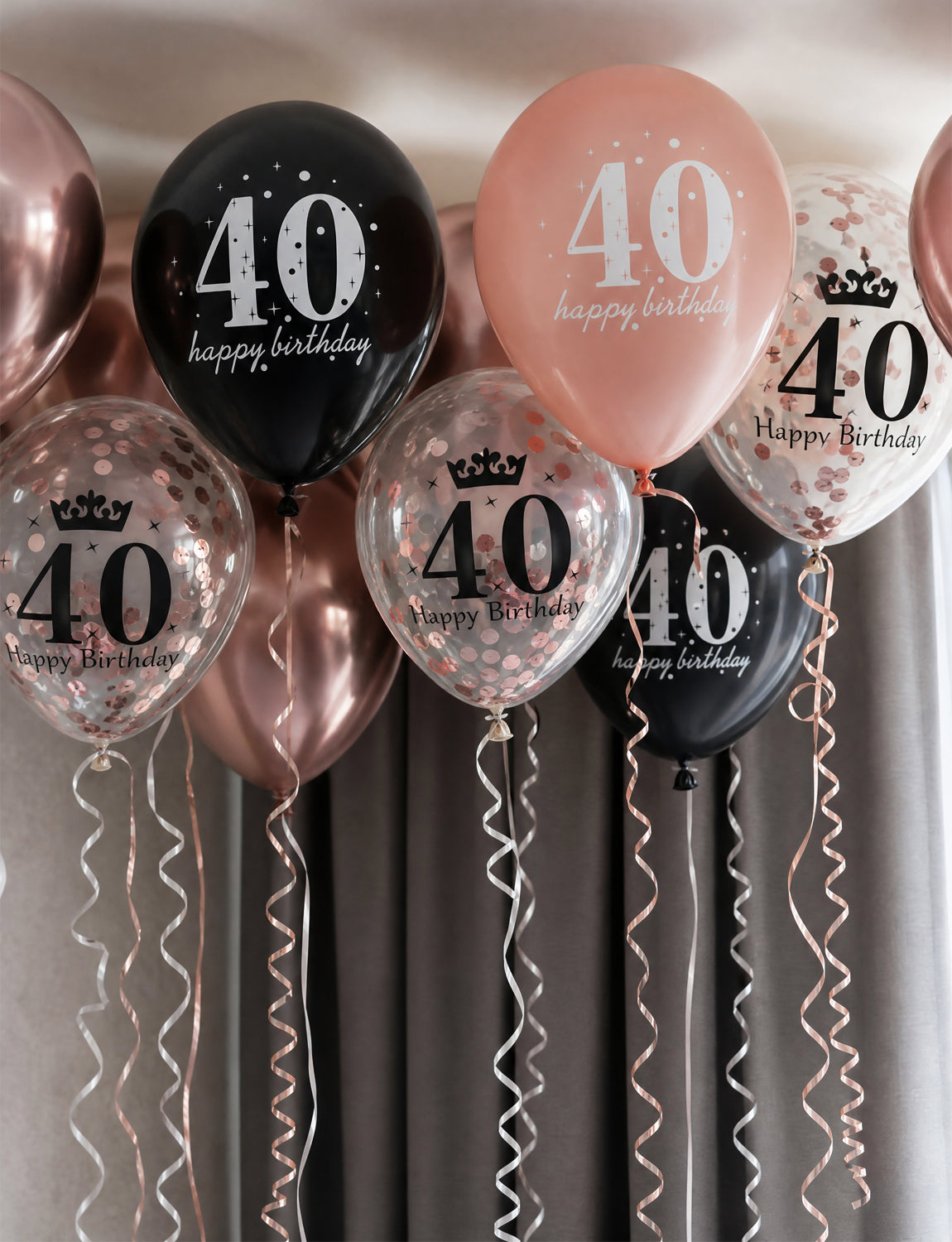 40th Birthday Balloons, Rose Gold and Black Balloons for Party Decor 24 Pcs 12 Inch Happy Birthday Balloons, Metallic and Pearl Rose Gold Balloons with Confetti, 40th Birthday Party Decorations