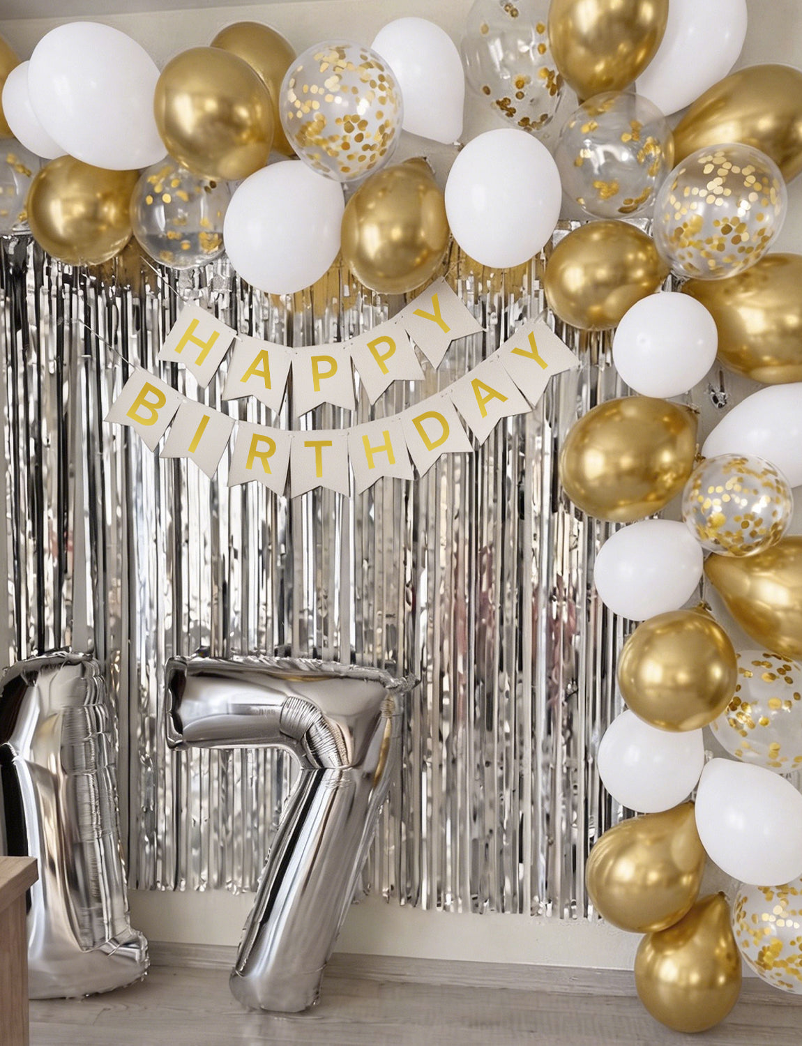 Gold Happy Birthday Banner - 12 Inch White and Gold Balloons with Reusable Happy Birthday Banner Glitter Party Decorations for Men Women Pet, Photo Shoot Supplies