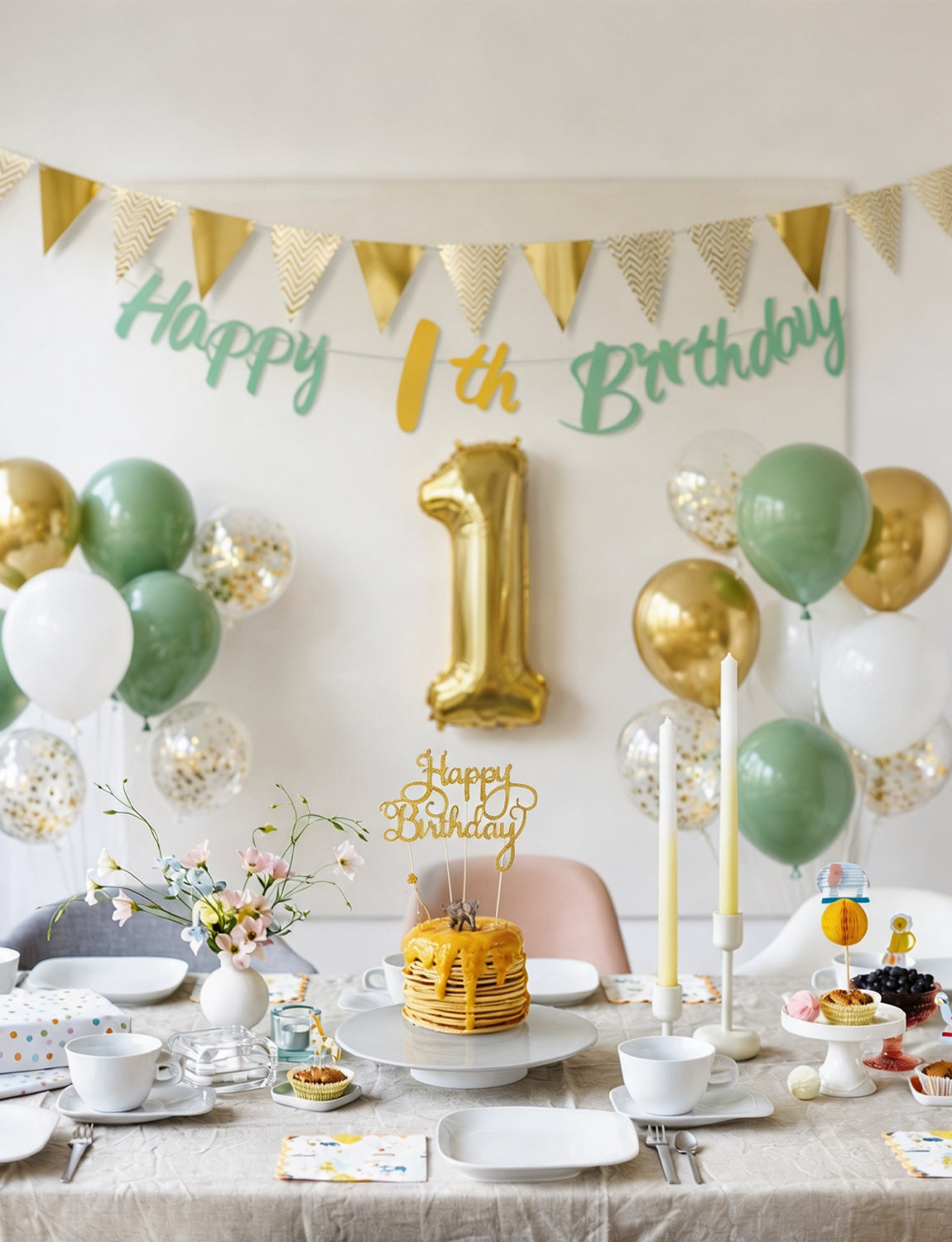 1st Birthday Decoration for Boy Girl, Sage Green Gold White Balloons 1st Birthday Banner , Number 1 Balloon, Gold Bunting, Cake Topper for Baby Wild One Party First Birthday Decorations