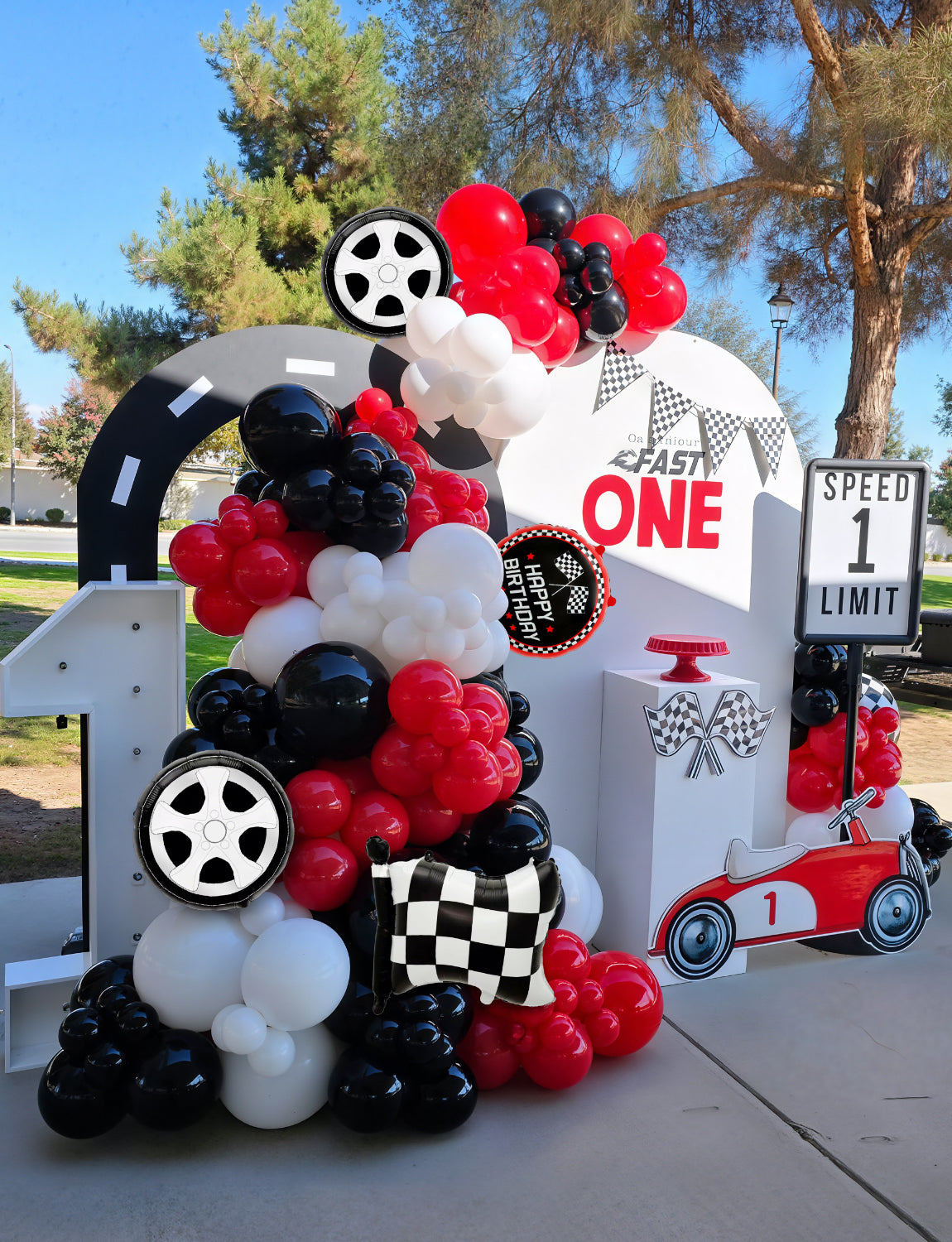 Adeyoo Race Car Balloons Arch Garland Kit - 102Pcs Red Black Silver Balloon Arch with Checkered Wheels Race Car Foil Balloons for Racing Themed Birthday Baby Shower Party Decorations