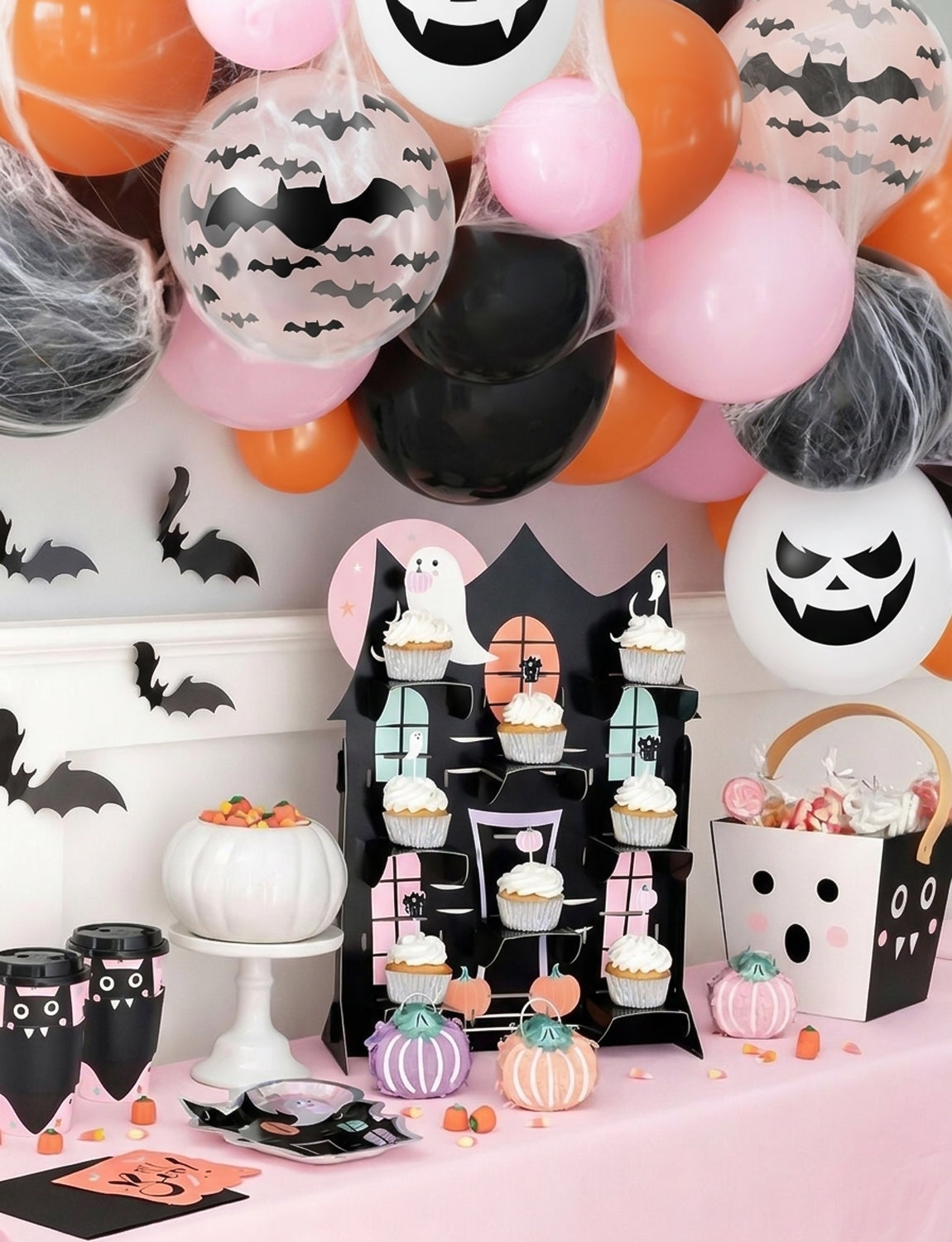 Halloween Balloons, Pink Orange Black Balloons for Halloween Decor 50 Pcs 12 Inch Halloween Latex Balloons, Bat Ghost Print Balloons for Girls Halloween Spooky One Scary Party Decorations