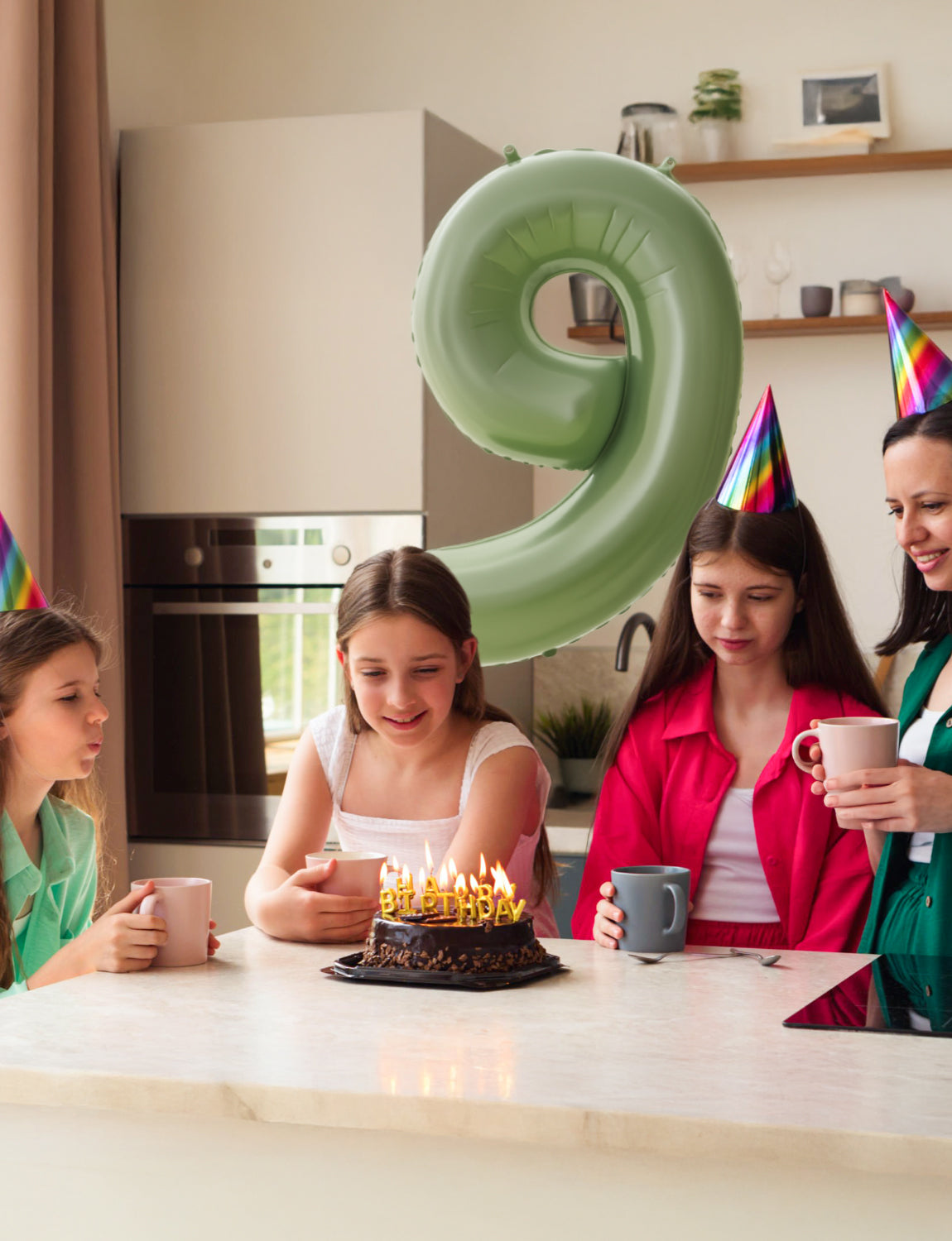 Adeyoo Green Number 9 Balloon - 40" Large Sage Green Digital 9 Balloon for Boys Girls 9th Birthday, Self Inflating Number Balloons 0-9 for Women Men Birthday Safari Anniversary Party Decorations