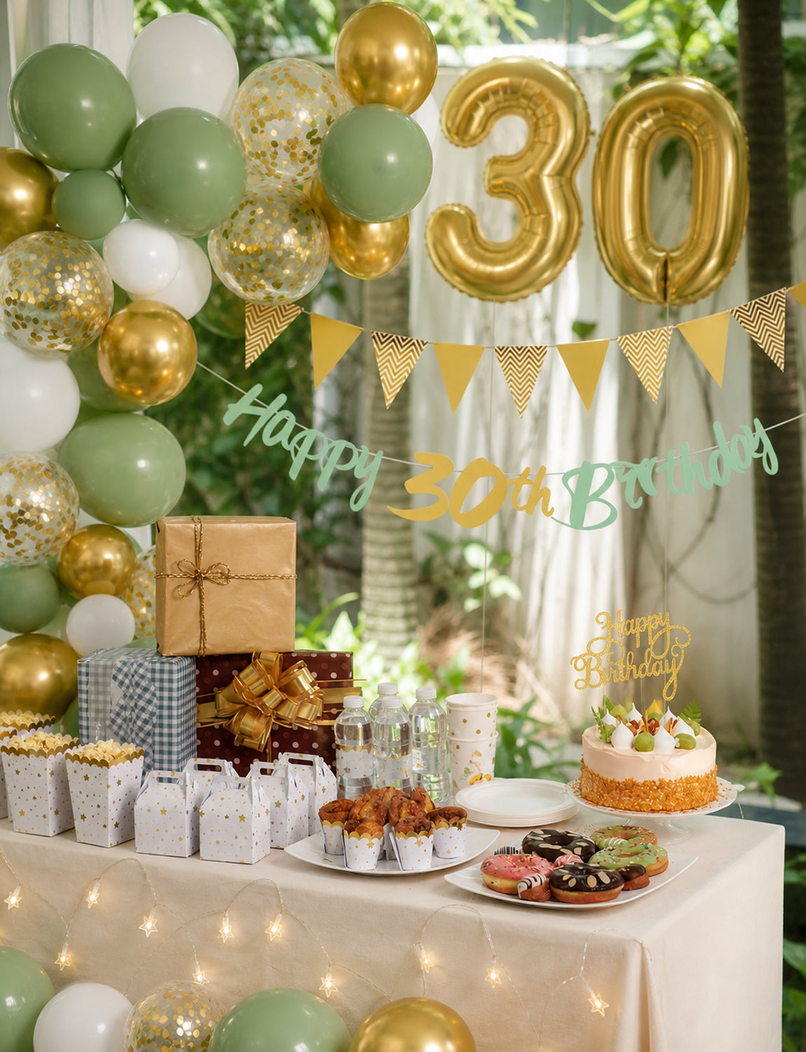 30th Birthday Decorations with 30th Birthday Banner for Women Men Sage Green Gold White Balloons, Number 30 Foil Balloon, Gold Bunting, Cake Topper for 30th Anniversary Birthday Party Decor