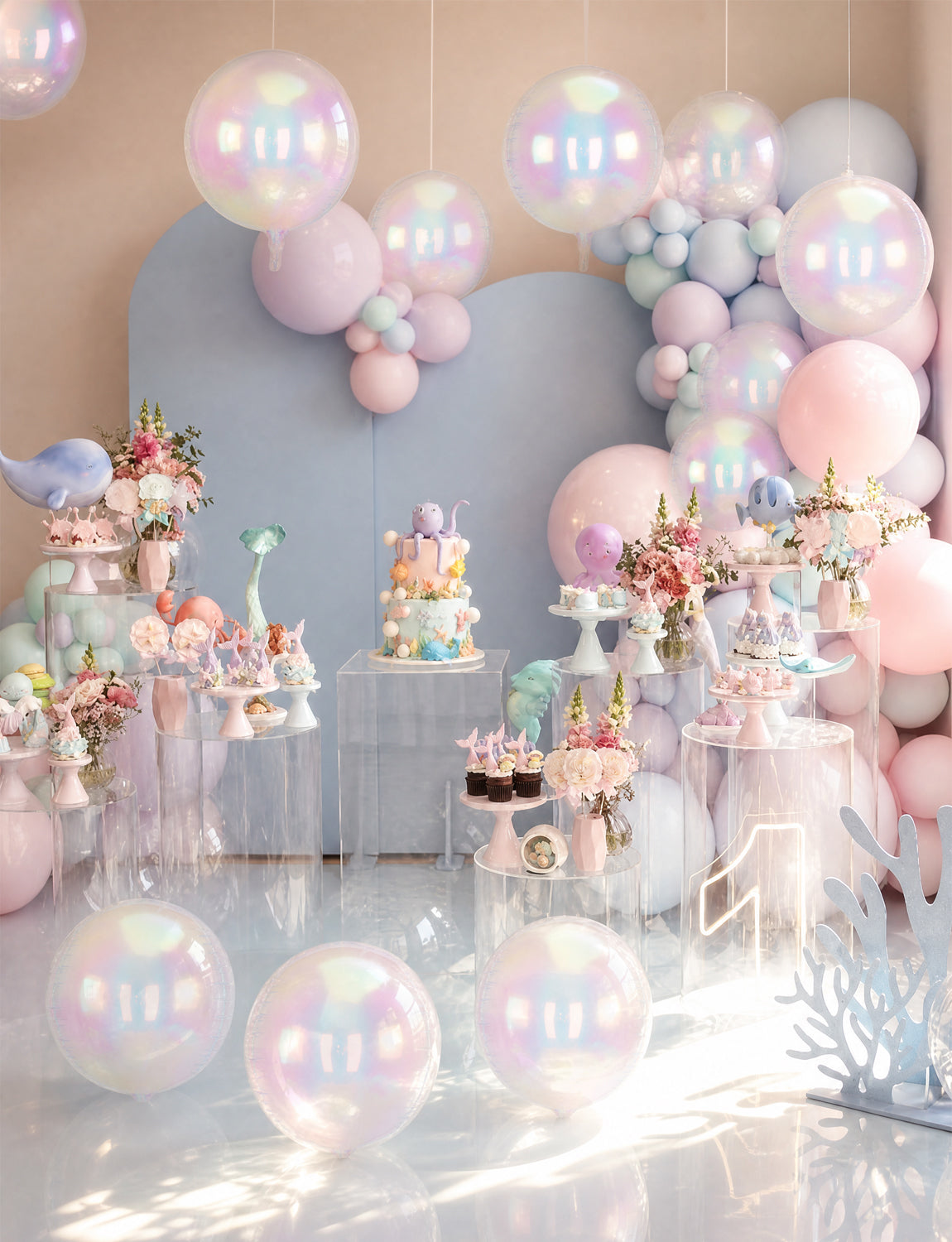 Iridescent Round Foil Balloons, 22" 15" 10" 4D Bubble Clear Balloons 14 Pcs Giant Holographic Party Balloons, Different Sizes Foil Balloons for Birthday Wedding Mermaid Rainbow Party Decorations
