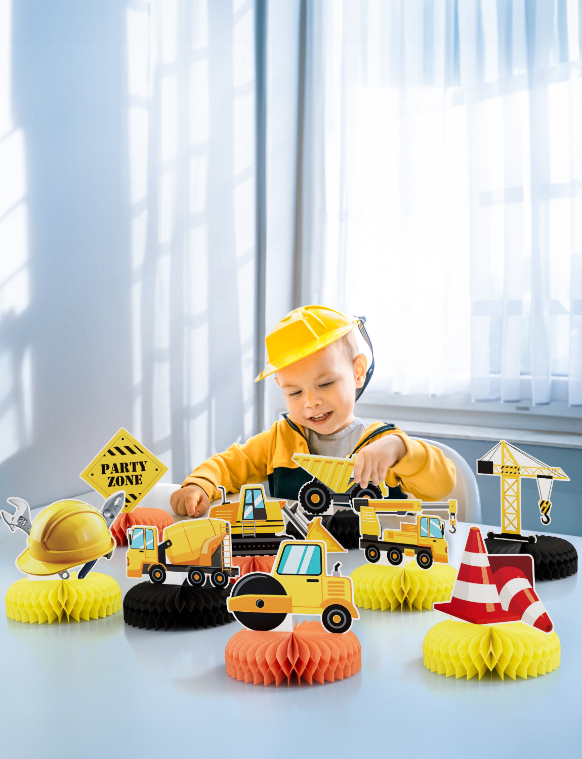 Adeyoo 9Pcs Construction Party Honeycomb Centerpieces Construction Vehicles Table Decorations Trucks Cars Centerpieces for Construction Theme Birthday Party Supplies