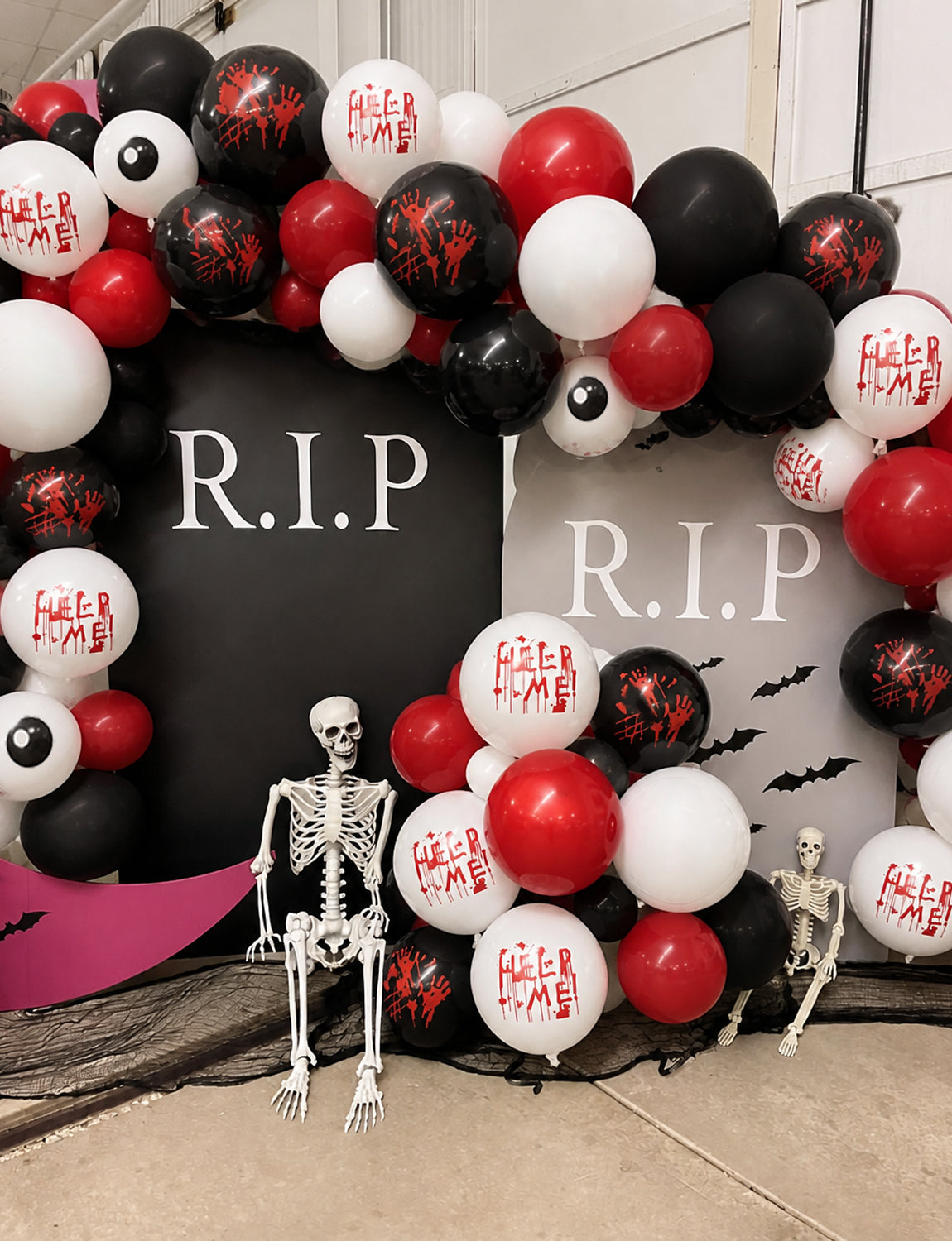 Halloween Balloon Garland Arch Kit, Bloody Black Red White Balloons 130 Pcs Halloween Balloon with Spider Web and 3D Bat Stickers for Horror Party, Haunted House, Birthday and Photo Booth Decor