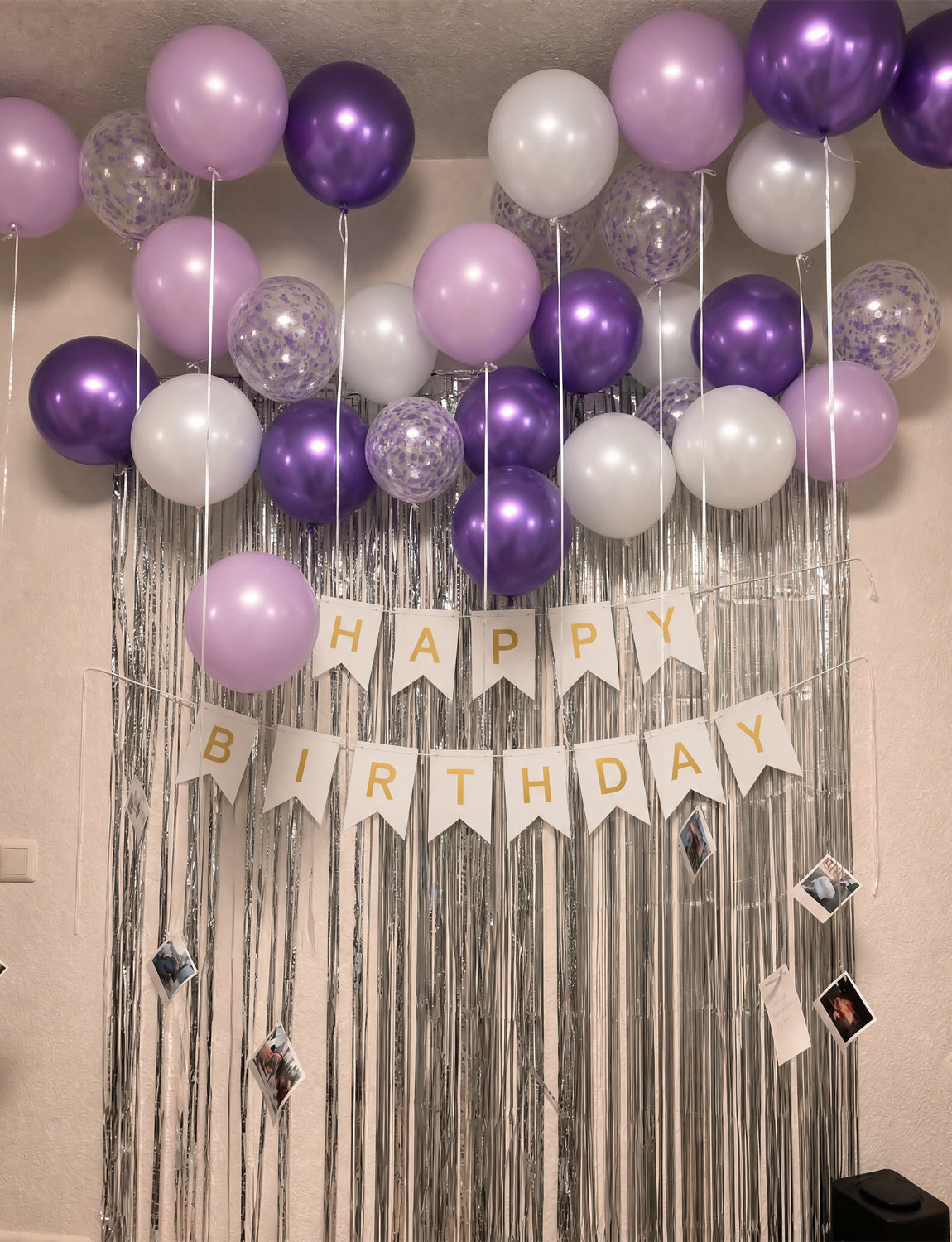 Purple Happy Birthday Banner - Purple Birthday Decorations with 12 Inch Lilac and White Latex Confetti Balloons Reusable Bunting Banner for Girls Women Pet Happy Birth Party Decorations