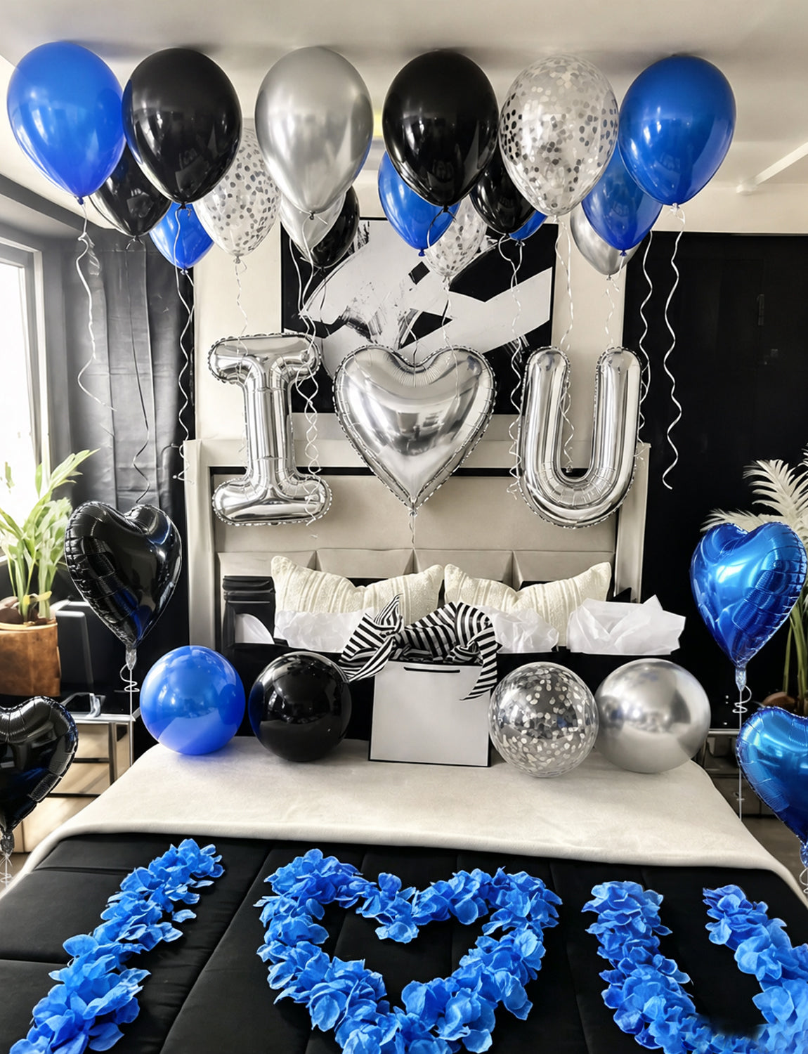 Blue and Black Proposal Decorations Kit - I Love You Balloons with Blue Black Silver Latex Confetti Balloons Heart Foil Balloons, 600Pcs Rose Petals Romantic Decoration Kit for Him/Her