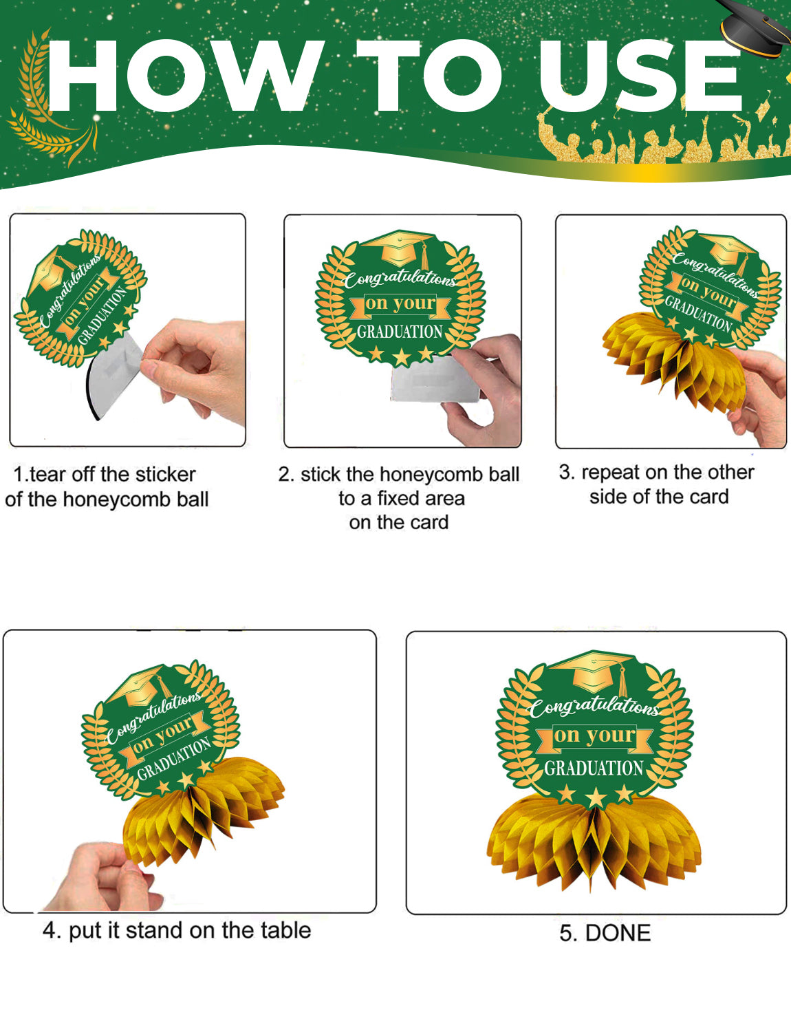 Graduation Table Decorations Class of 2026, 9Pcs Graduation Centerpieces for Tables Green Gold Honeycomb Centerpiece Congrats Grad Table Toppers Congratulate Decorations for Grad Party Supplies