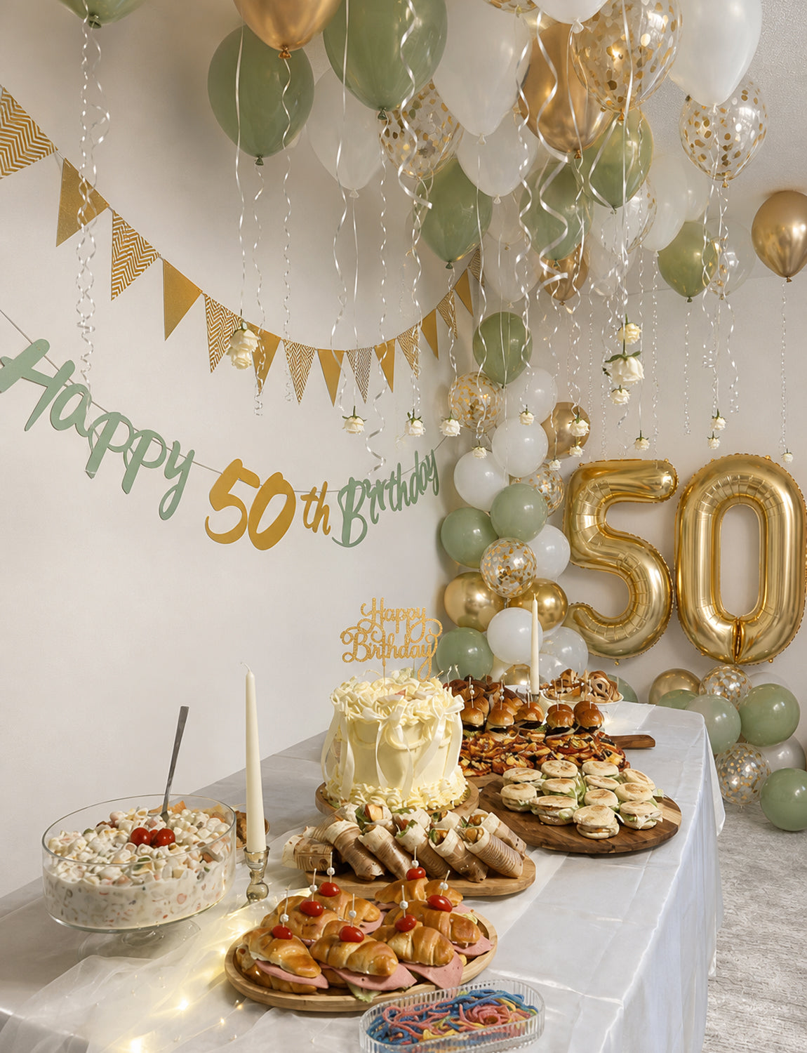 50th Birthday Decorations with 50th Birthday Banner for Women Men Sage Green Gold White Balloons, Number 50 Foil Balloon, Gold Bunting, Cake Topper for 50th Anniversary Birthday Party Decor