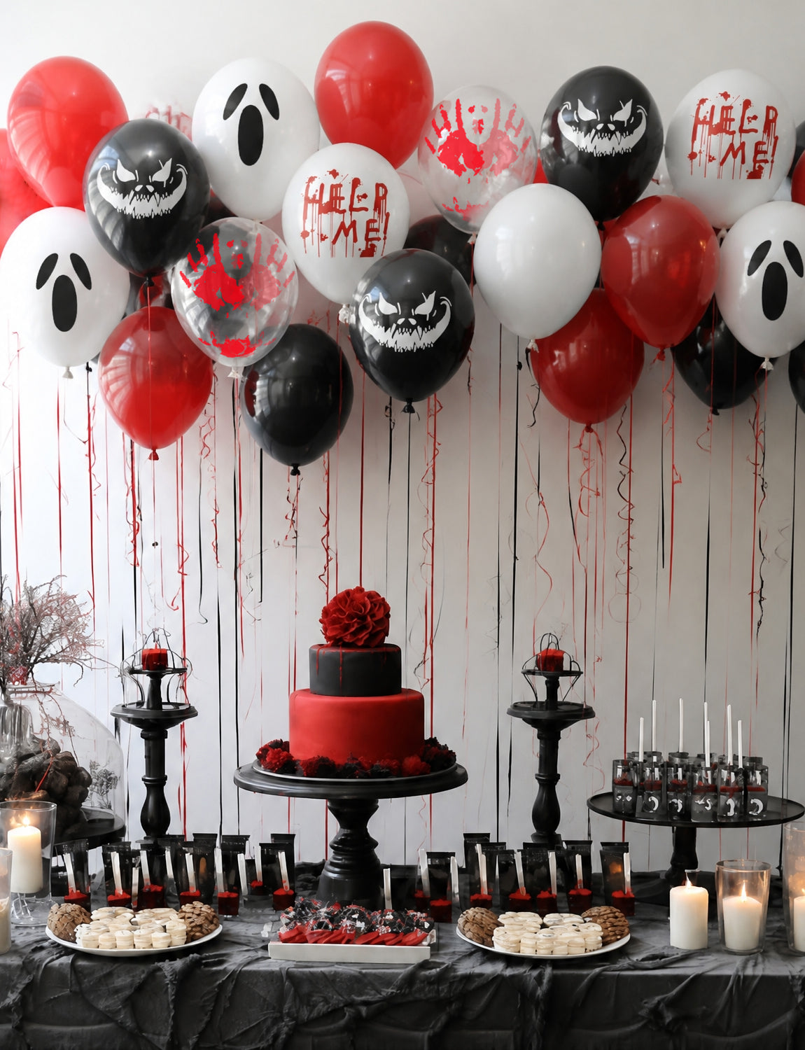 Halloween Balloons, Black Red Bloody Balloon for Halloween Decor 50 Pcs 12 Inch Halloween Latex Balloon, Bloody Handprint Ghost Print Balloon for Spooky Horror Haunted House Creepy Parties