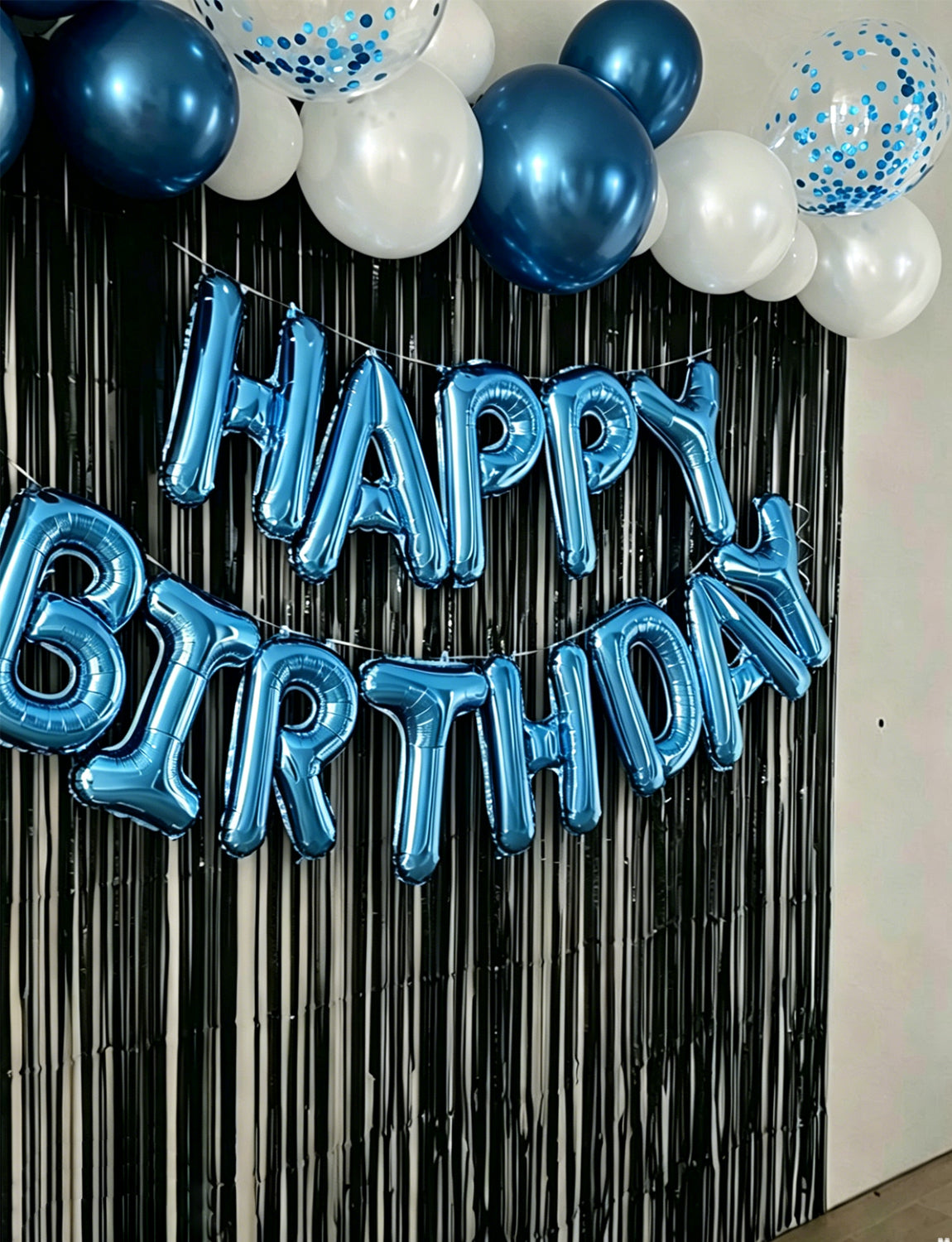 Happy Birthday Decorations - Blue Happy Birthday Balloons with Metallic Blue and White Latex Confetti Balloons, Silver Foil Star Balloons for Men Boys Pet Birthdays Party Decorations