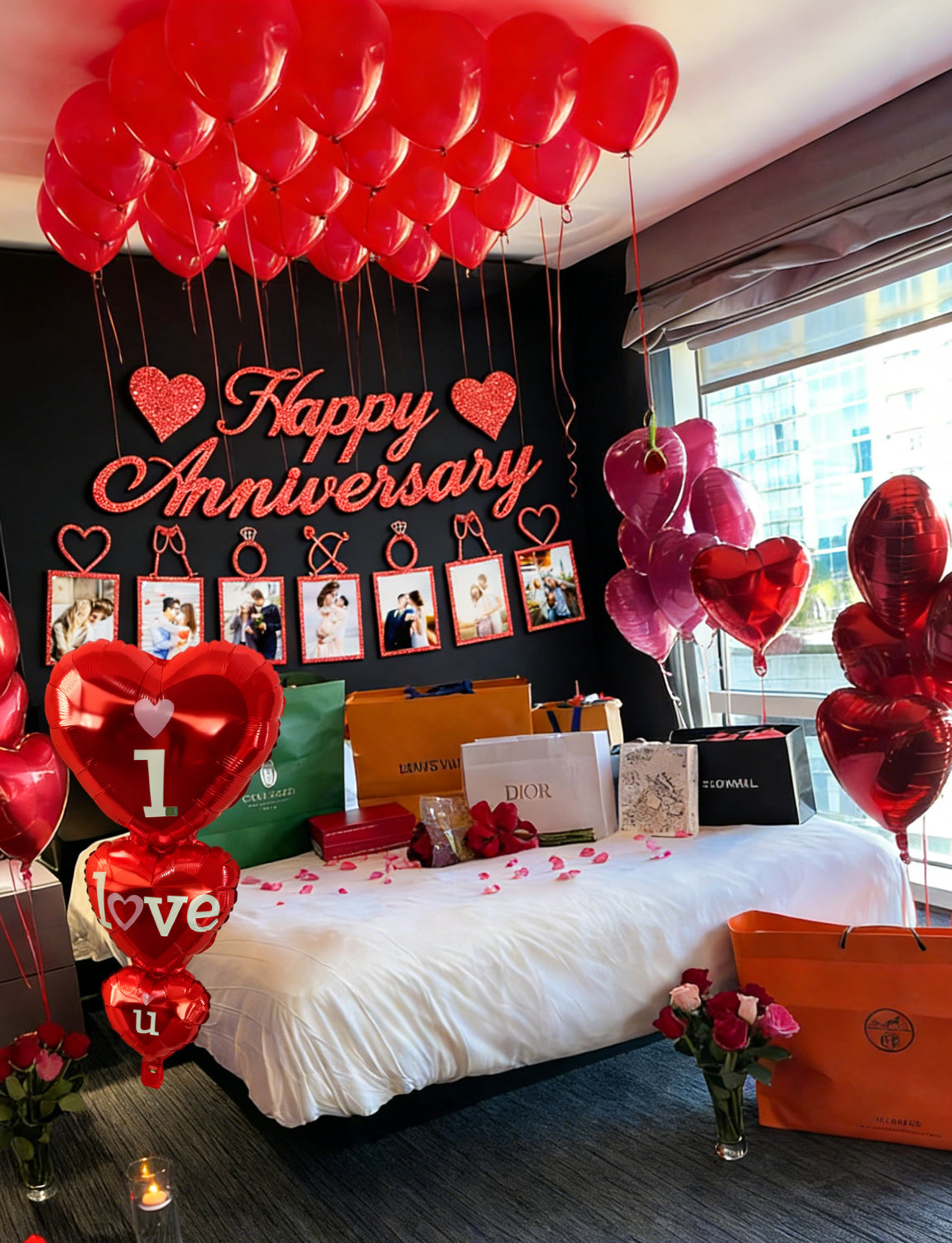 Adeyoo Anniversary Decorations - Valentines Day Decorations with Happy Anniversary Banner and Photo Banner, Red Heart Balloons I Love You Foil Balloons Rose Petals for Romantic Valentines Party