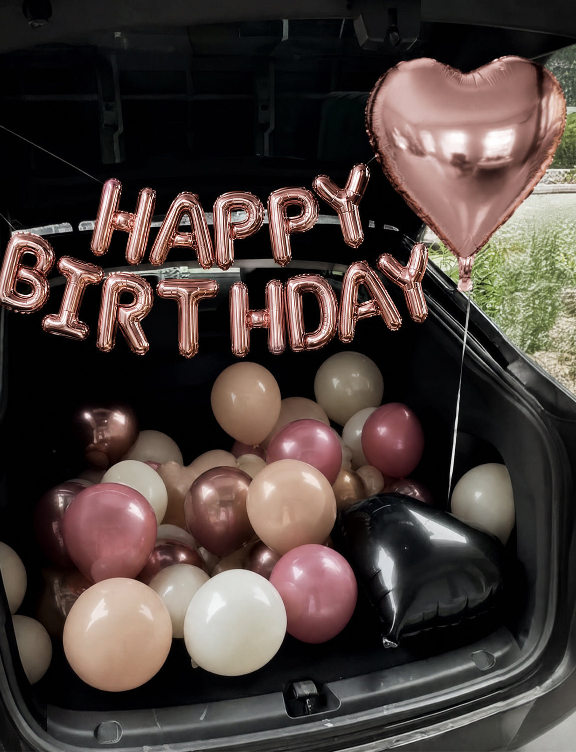 Rose Gold Happy Birthday Balloon Banner - Rose Gold Birthday Decorations with Dusty Pink Nude Sand White Latex Balloons, Heart Foil Balloons for Women Girls Birthdays Party Decorations